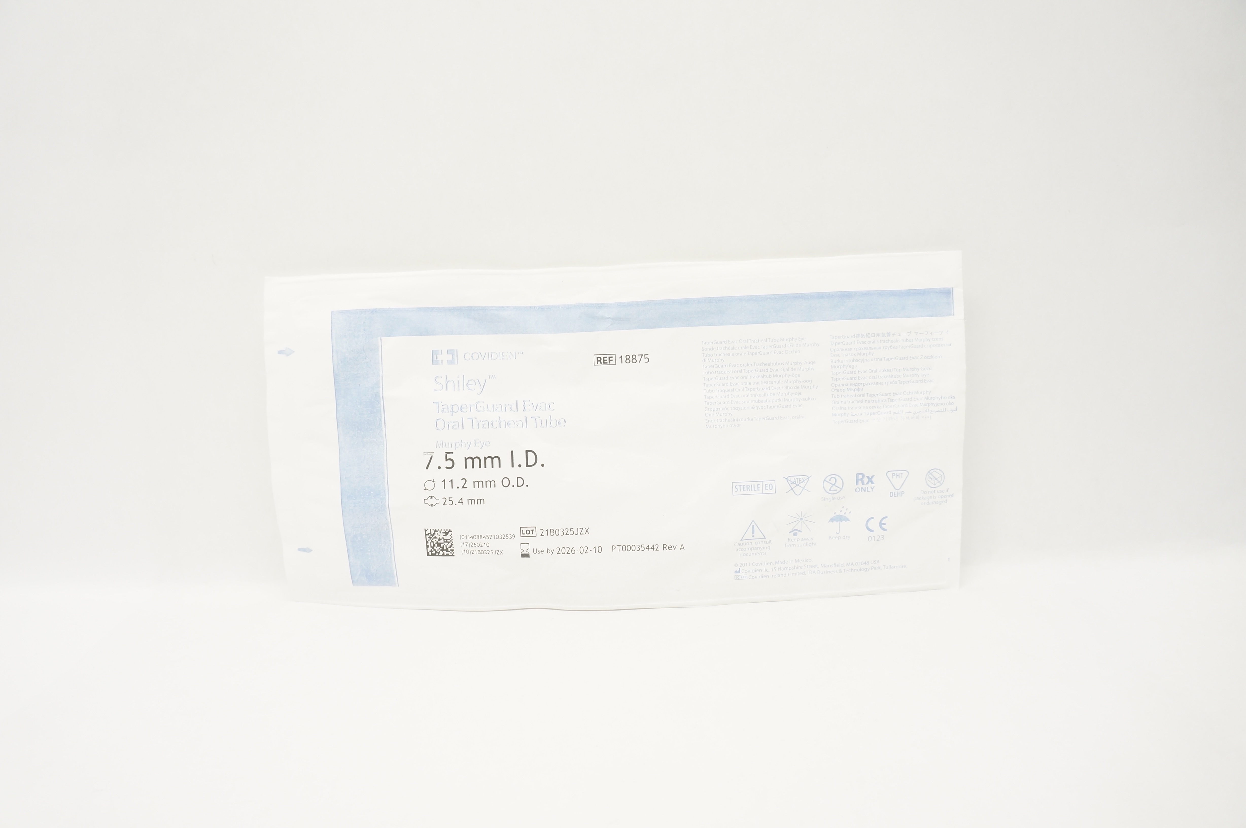 Covidien 18875 Shiley TaperGuard Evac Oral Tracheal Tube 7.5ID x 11.2OD x 25.4mm