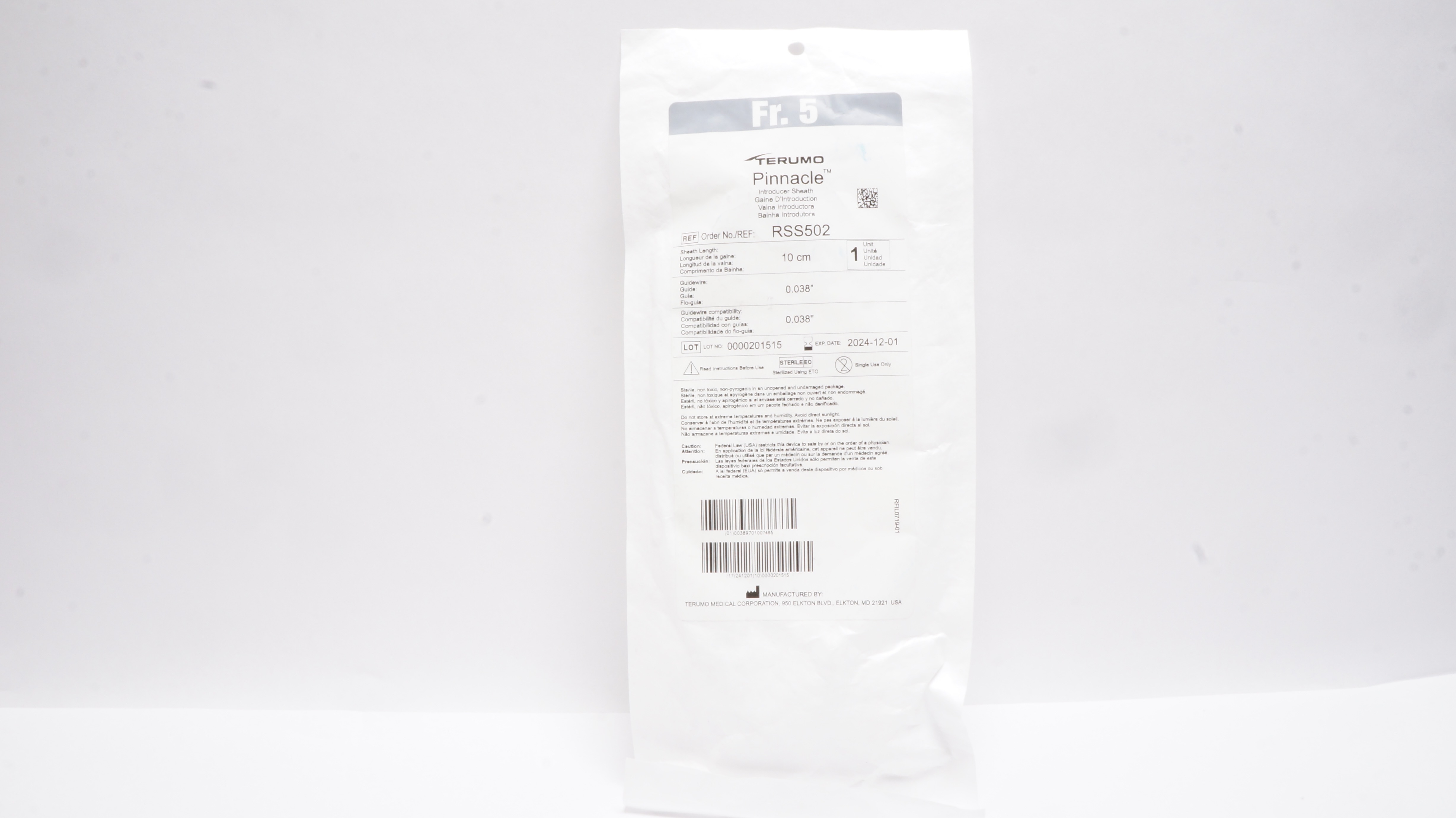 Terumo RSS502 Pinnacle Introducer Sheath 5Fr. x 0.038inch x 0.038inch x 10cm