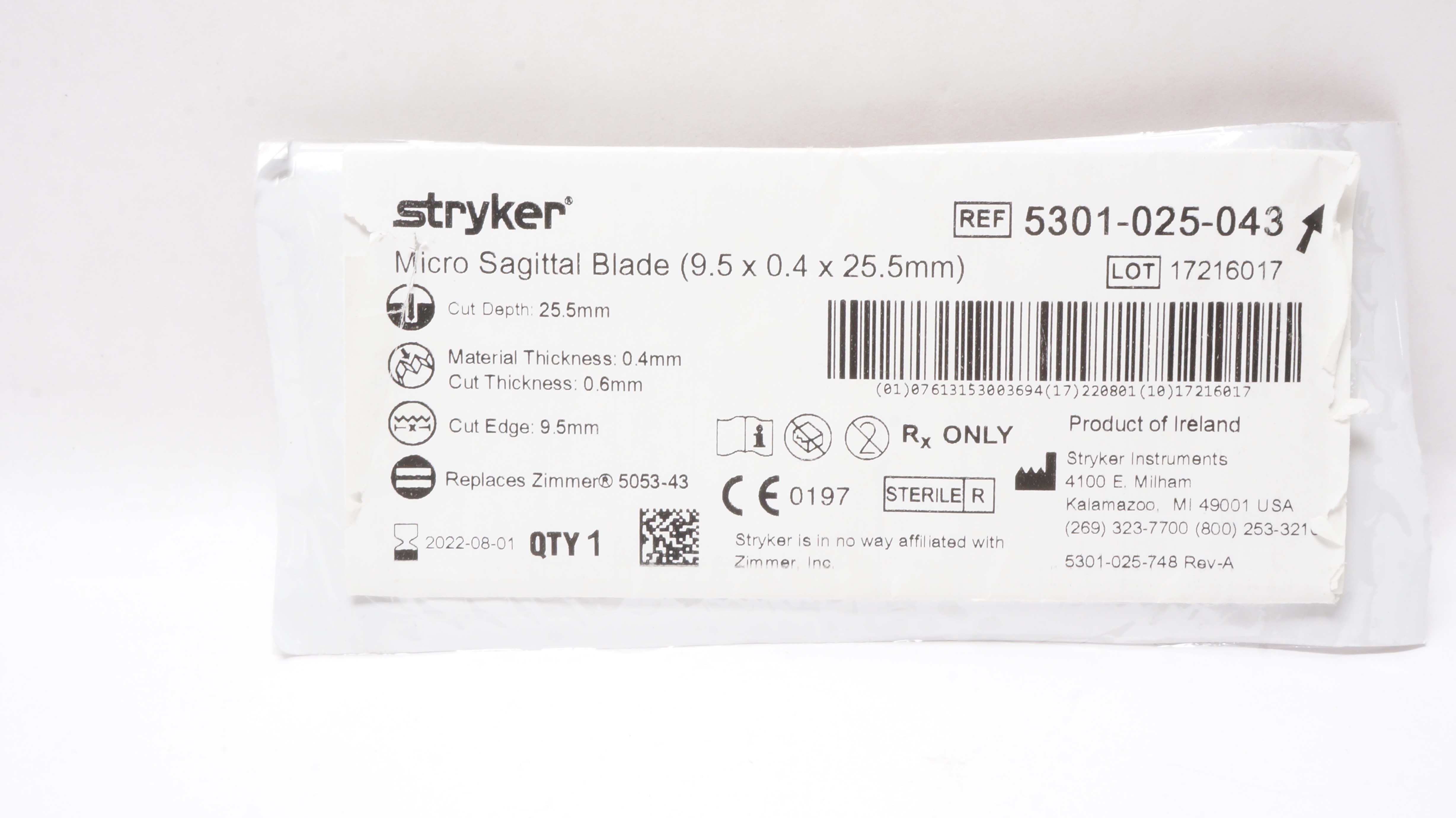 Stryker 5301-025-043 Micro Sagittal Blade 9.5 x 0.4 x 25.5mm (x)