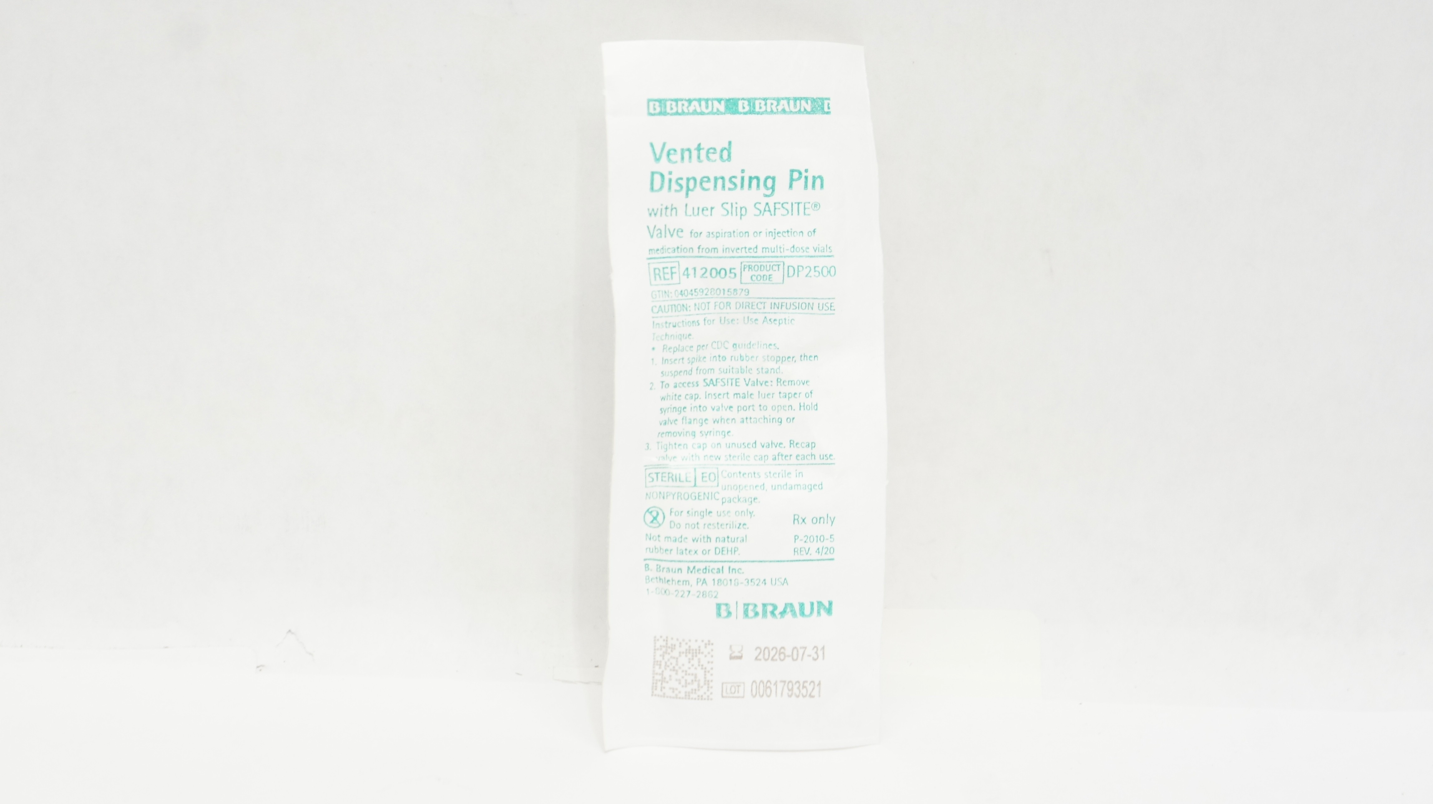 Braun 412005 Vented Dispensing Pin with Luer Slip Safsite Valve