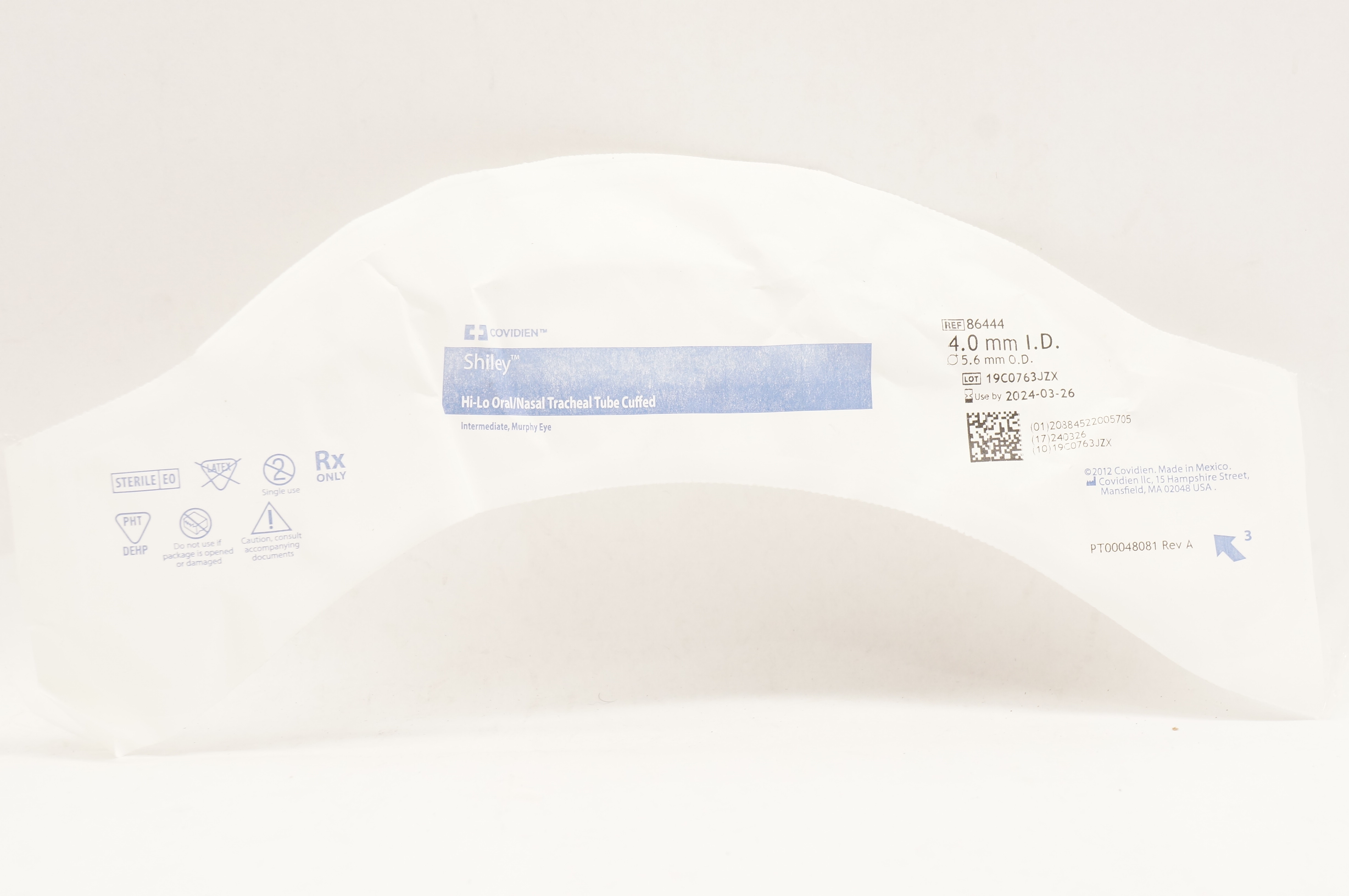 Covidien 86444 Shiley Hi-Lo Oral/Nasal Tracheal Tube Cuffed 4.0mm ID x 5.6mm OD