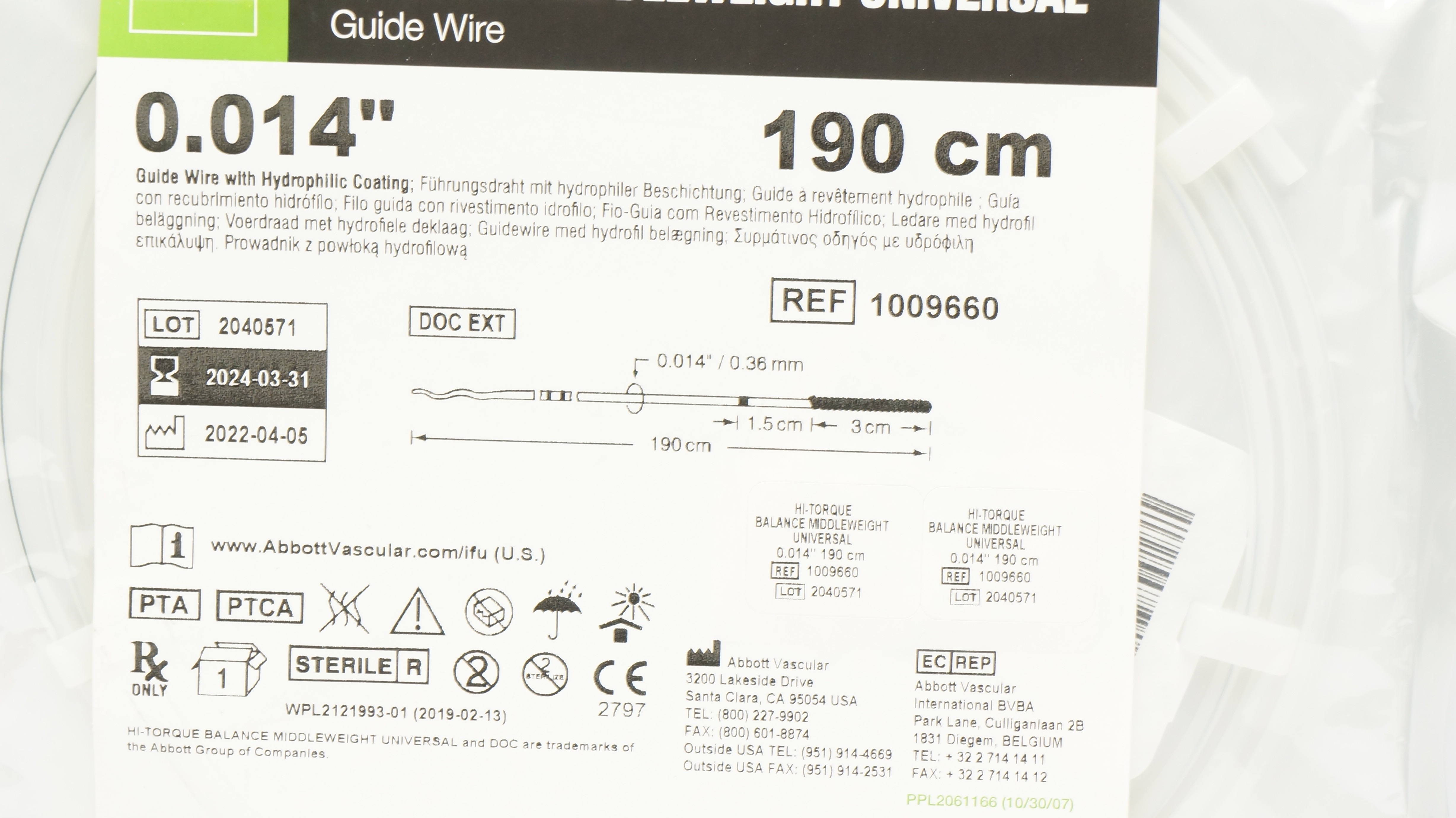 Abbott 1009660 Hi-Torque Balance Middleweight Guide Wire 0.014inch x 190cm (x)