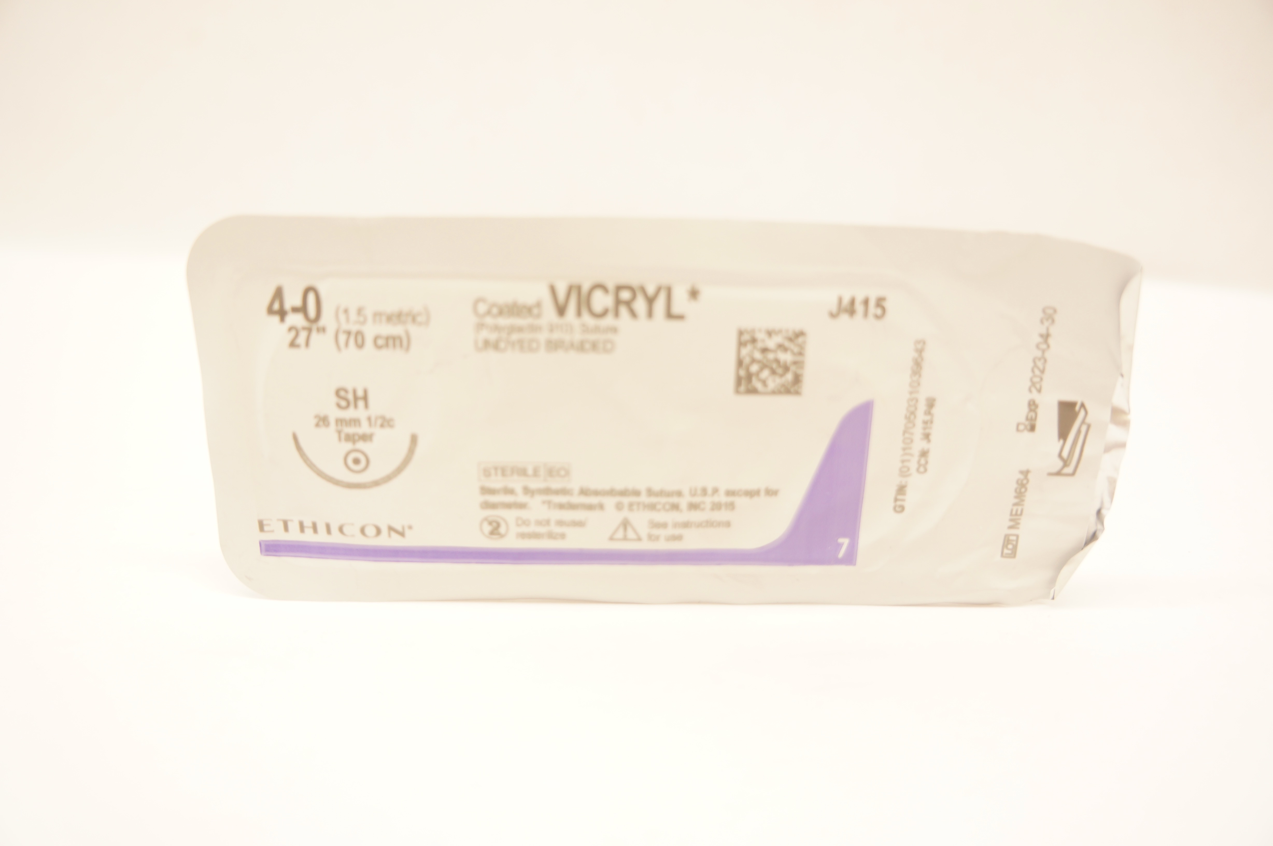 Ethicon J415 4-0 Coated VICRYL Undyed Braided SH 26mm 1/2c Taper, 27inch