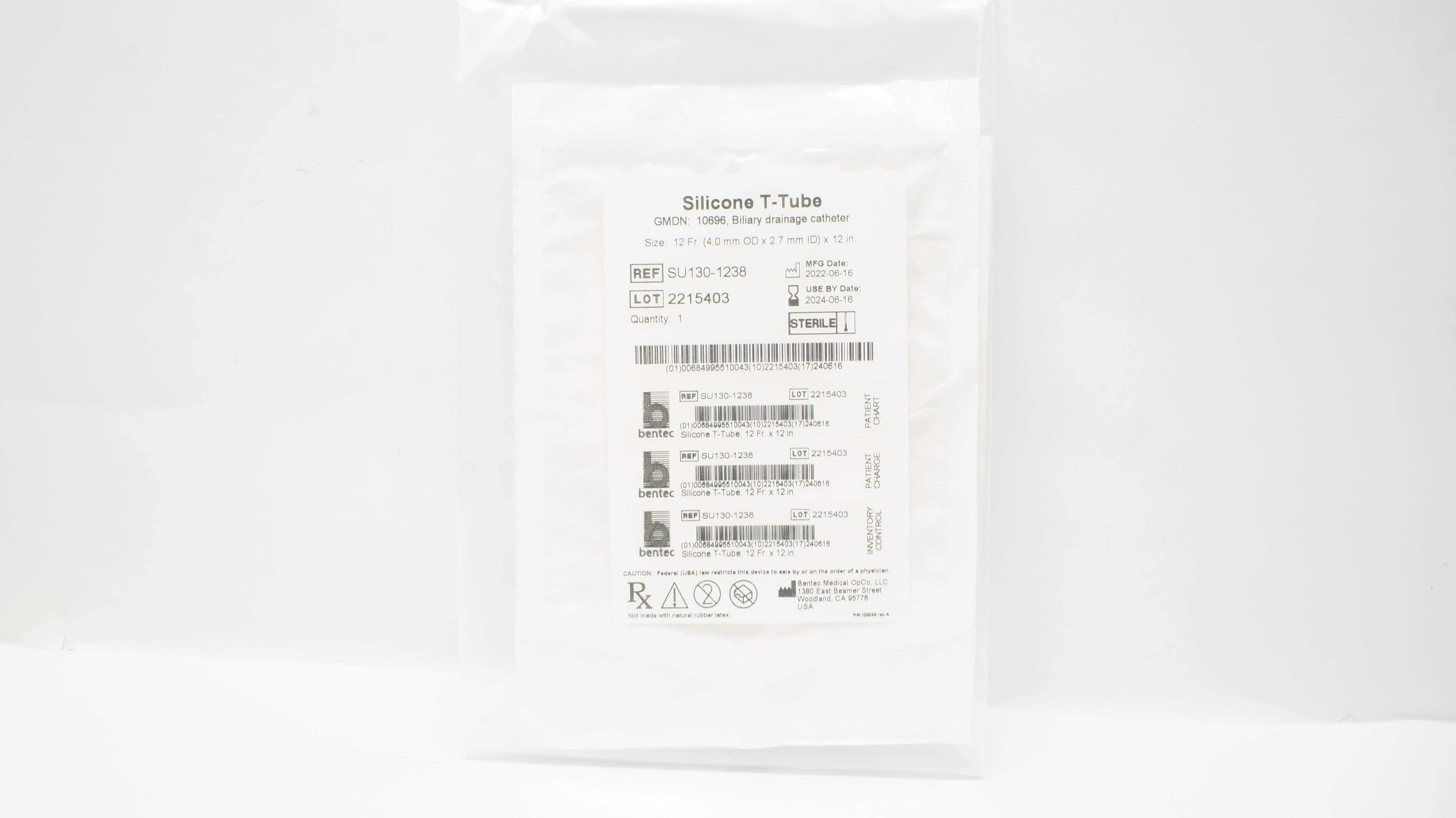 Bentec Medical SU130-1238 Silicone T-Tube Biliary Drainage Cath. 12Fr x 12inch(x)