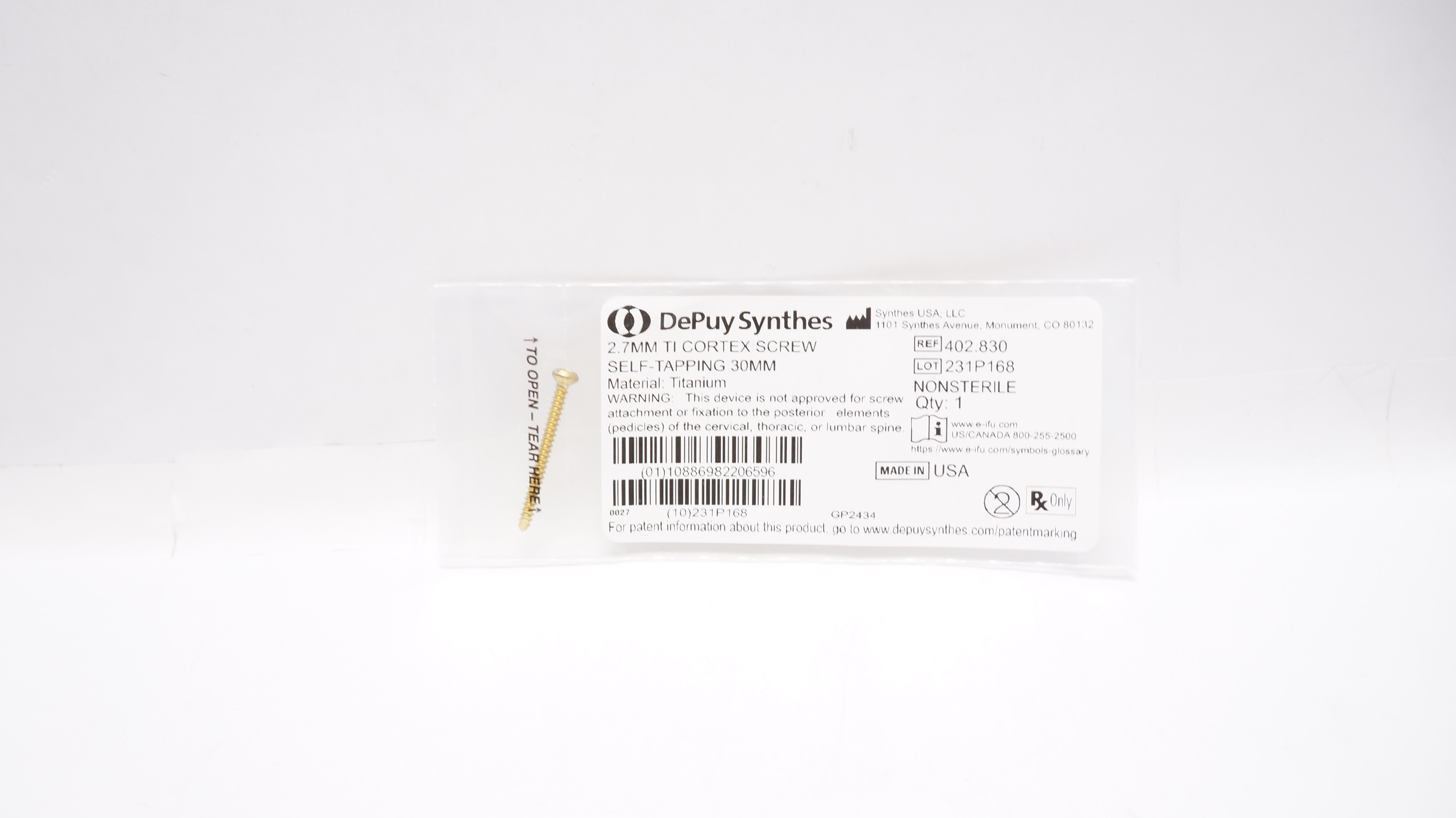 DePuy Synthes 402.830 2.8mm TI Cortex Screw Self-Tapping 30mm