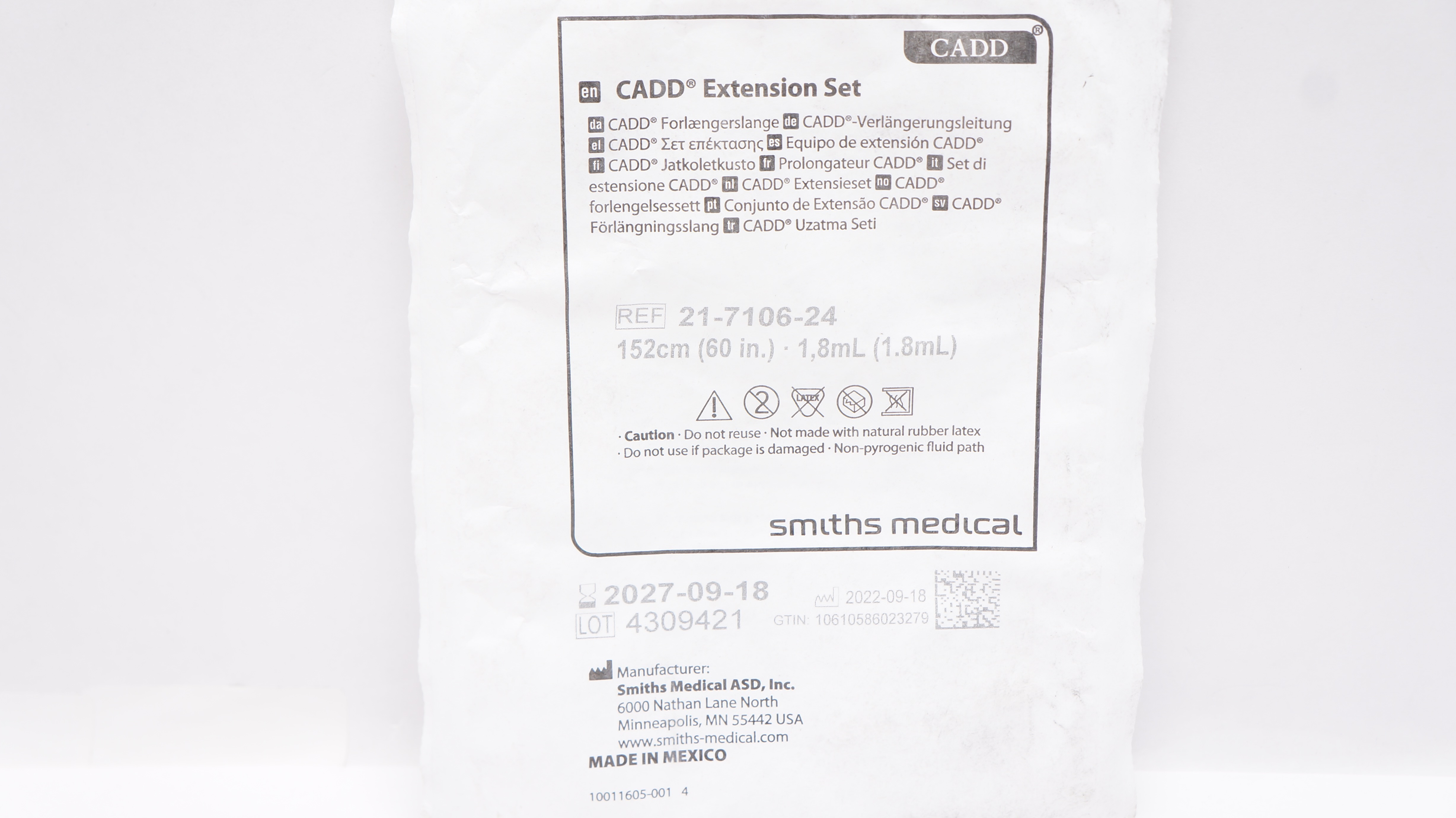 Smiths Medical 21-7106-24 CADD Extension Set 60inch x 1.8mL