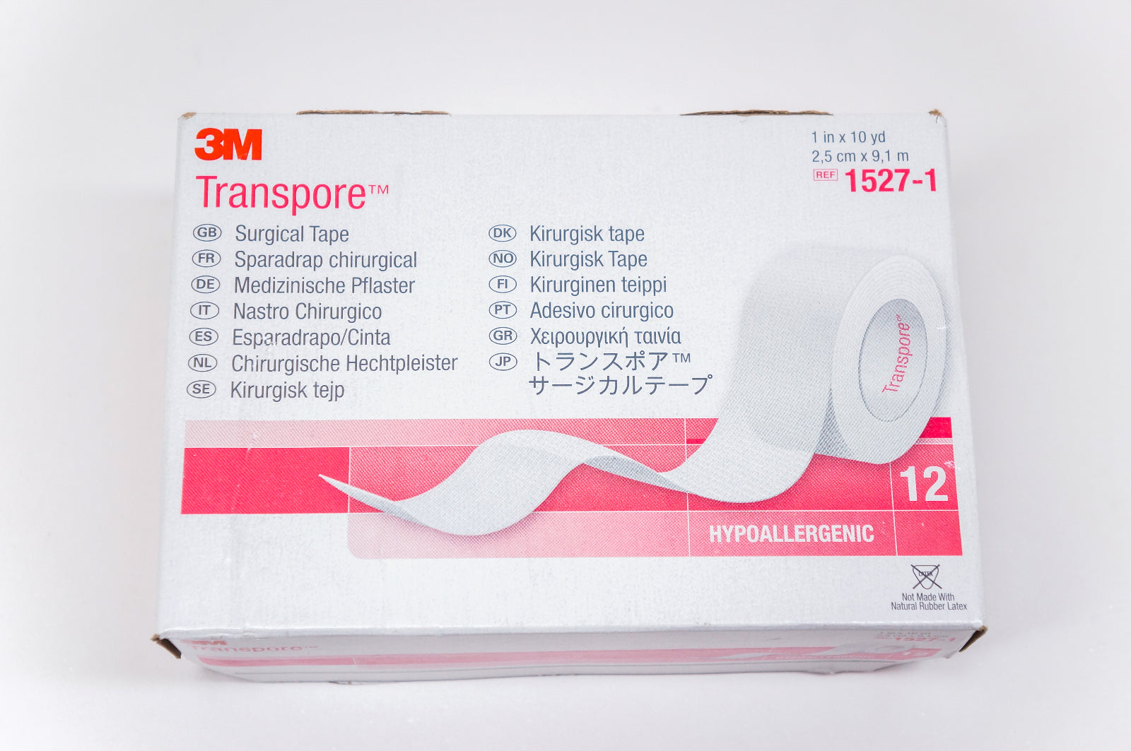 3M 1527-1 Transpore Surgical Tape, Hypoallergenic 1inch x 10yd. - Box of 12