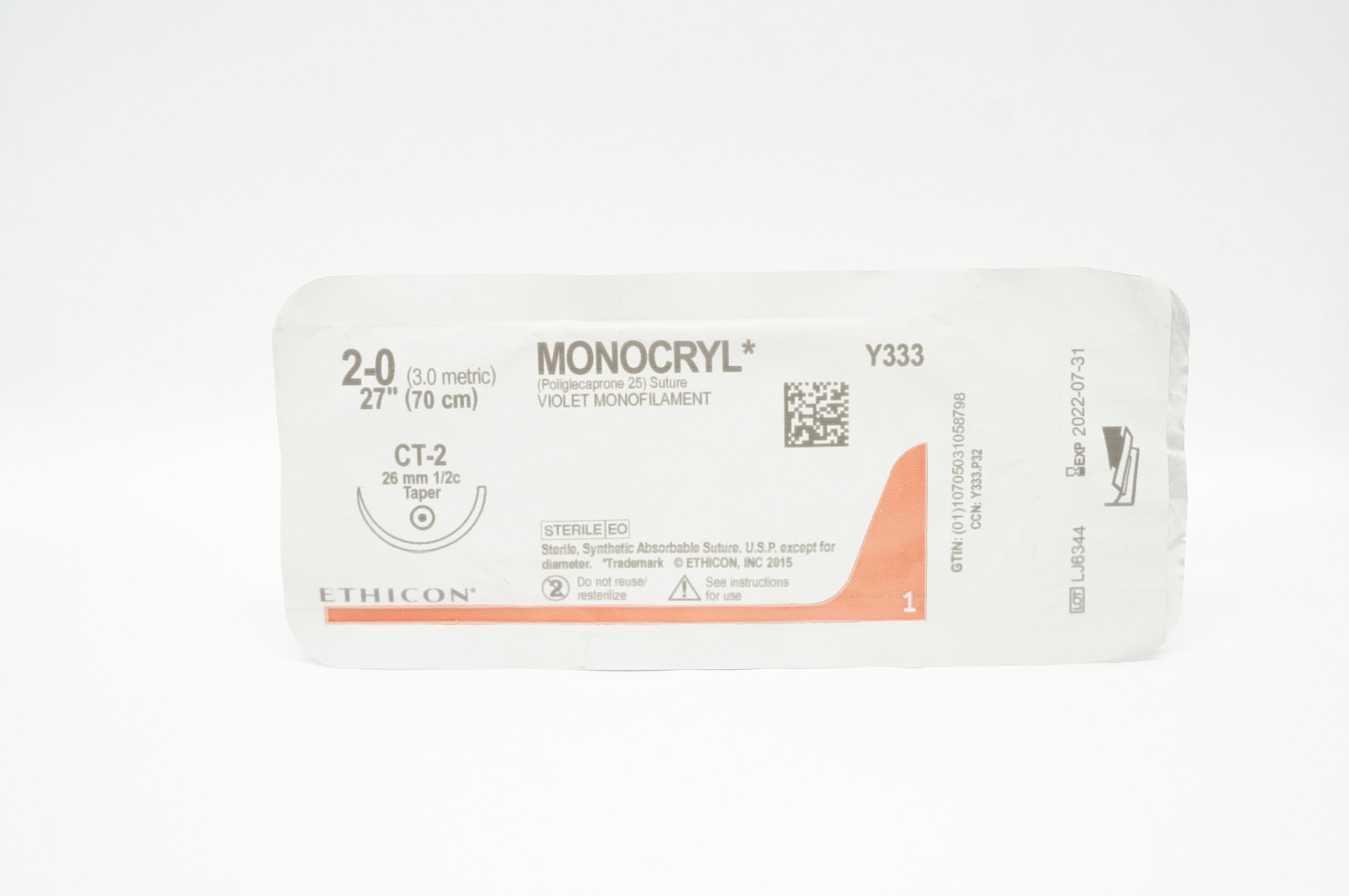 Ethicon Y333 2-0 27in. MONOCRYL, CT-2 26mm Violet Monofilament Suture
