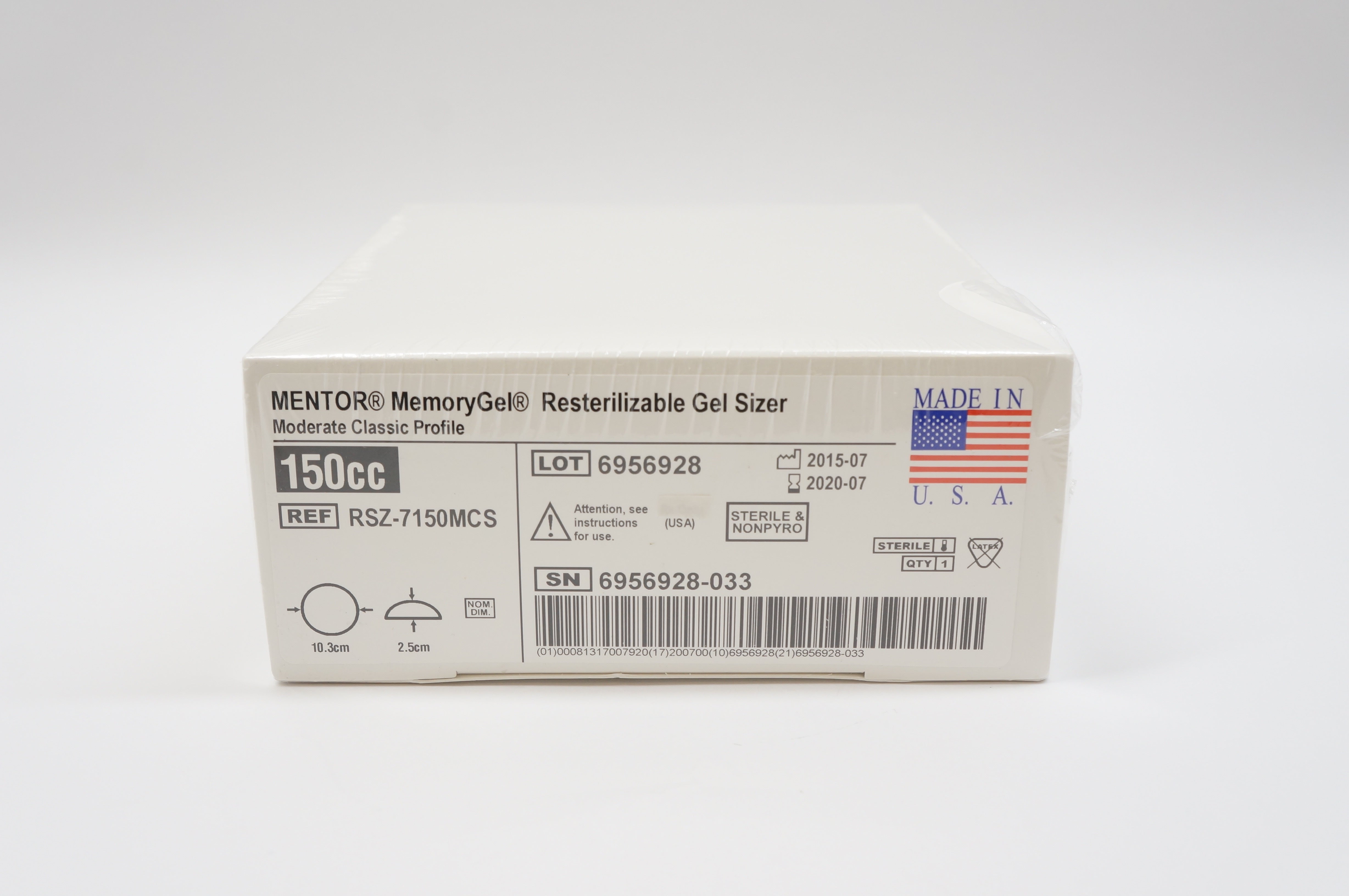 MENTOR RSZ-7150MCS MemoryGel Resterilizable Gel Sizer 150cc, 2.5cm x 10.3cm (x)