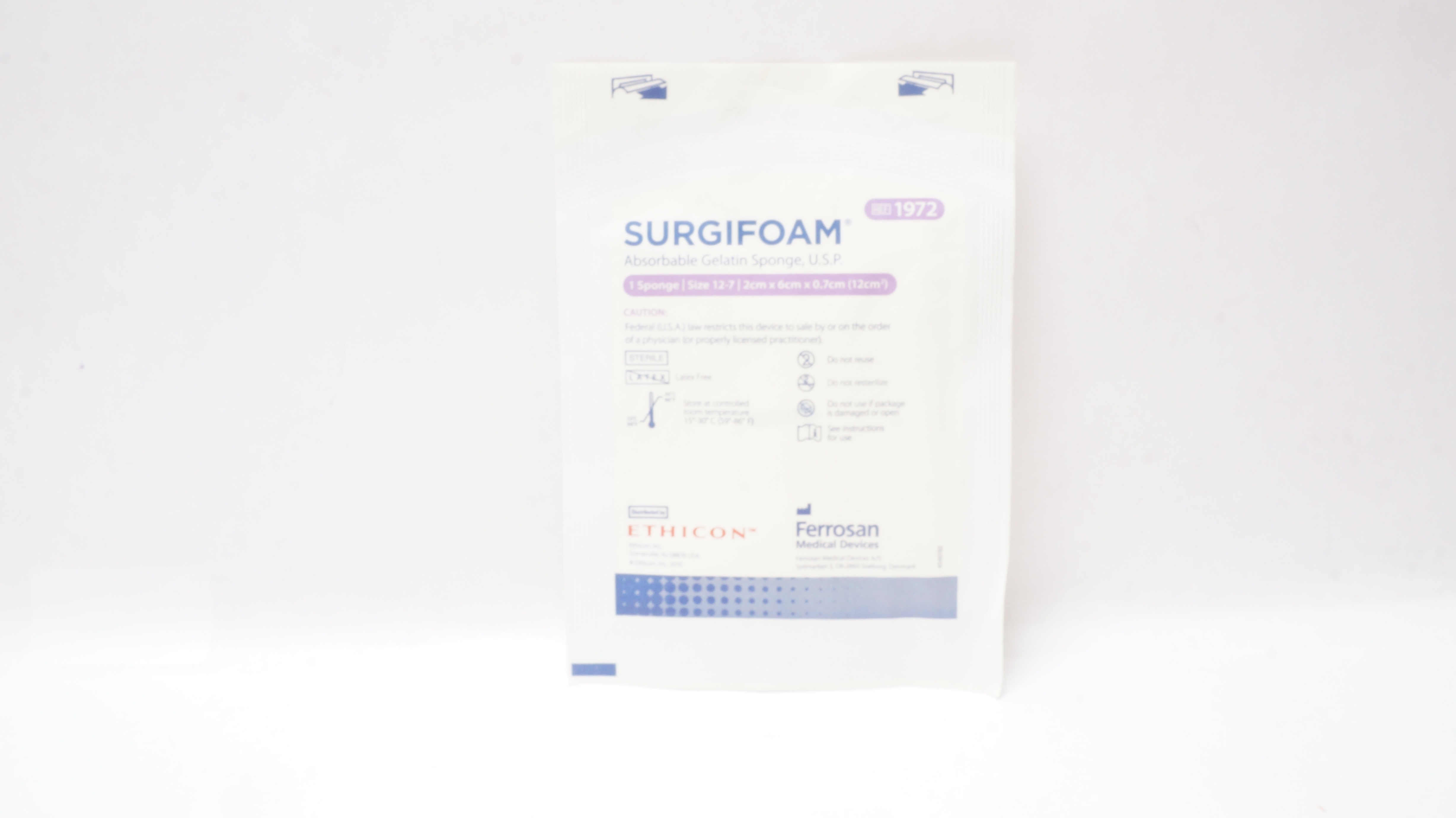 Ethicon 1972 SURGIFOAM Absorbable Gelatin Sponge U.S.P. Size 12-7, 2 x 6 x 0.7cm