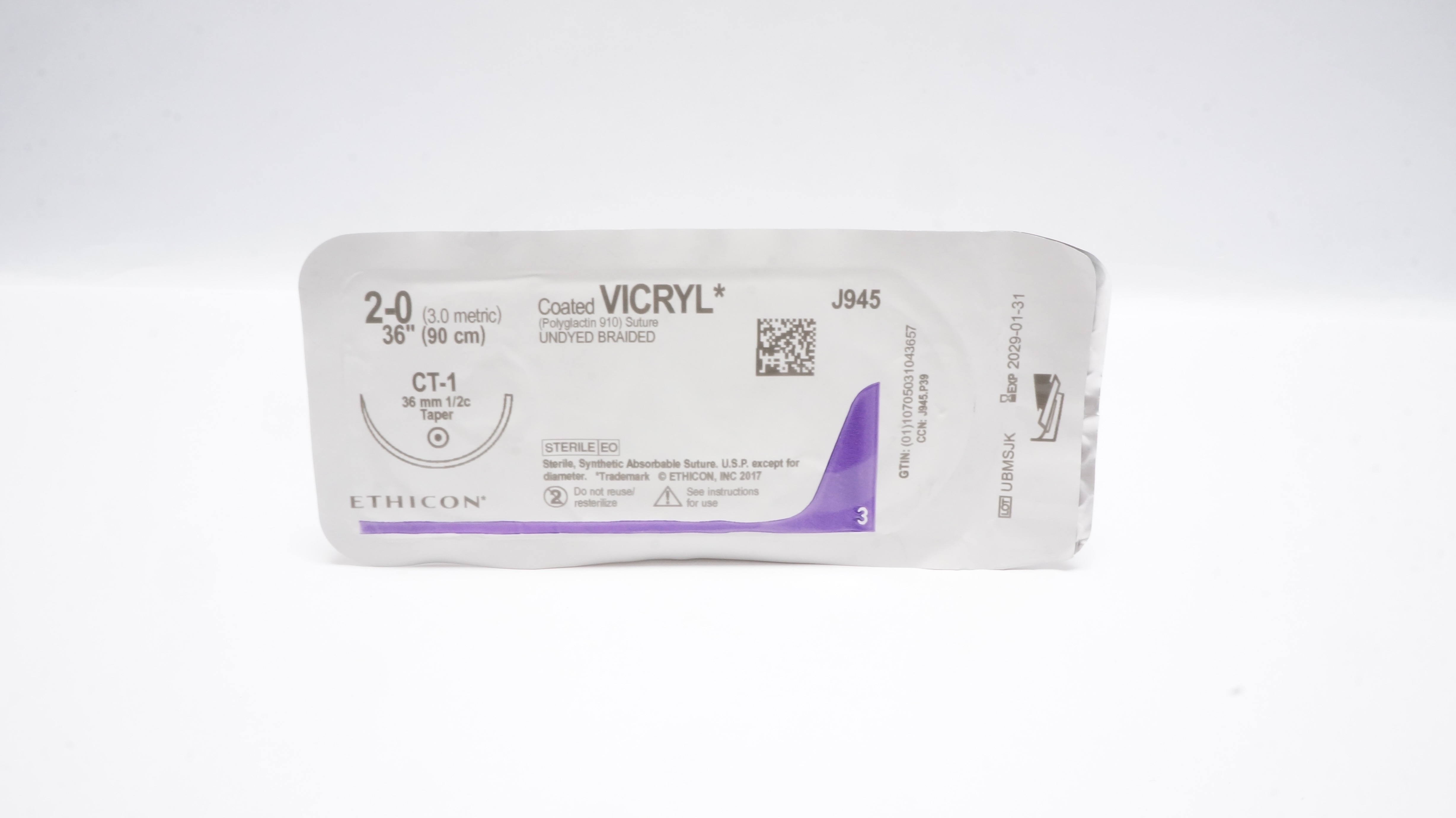 Ethicon J945 2-0 Coated VICRYLPolyglactin Stre CT-1 36mm 1/2c Taper, 36inch