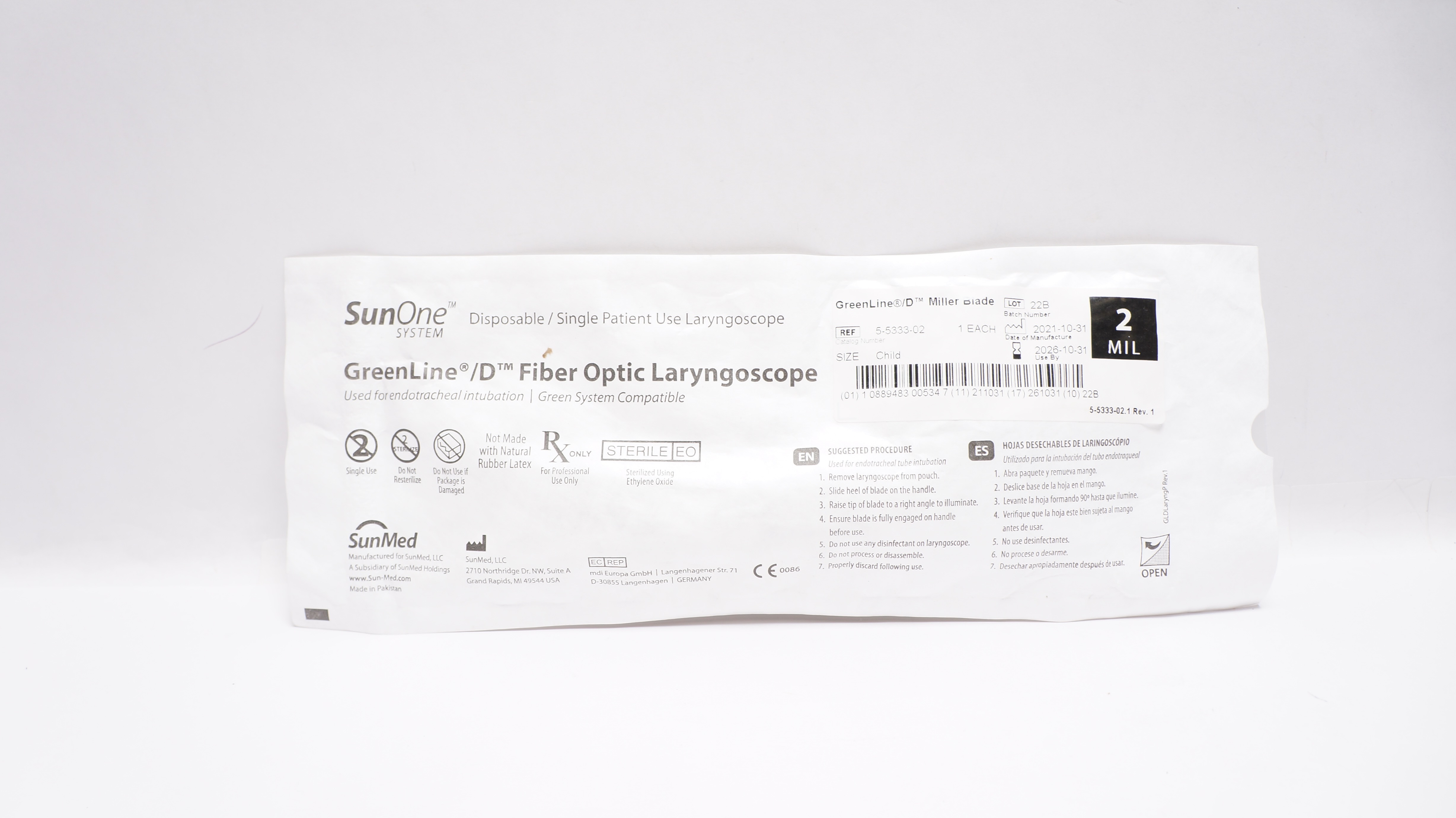SunMed 5-5333-02 GreenLine D Fiber Optic Laryngoscope Miller Blade, Size 2MIL