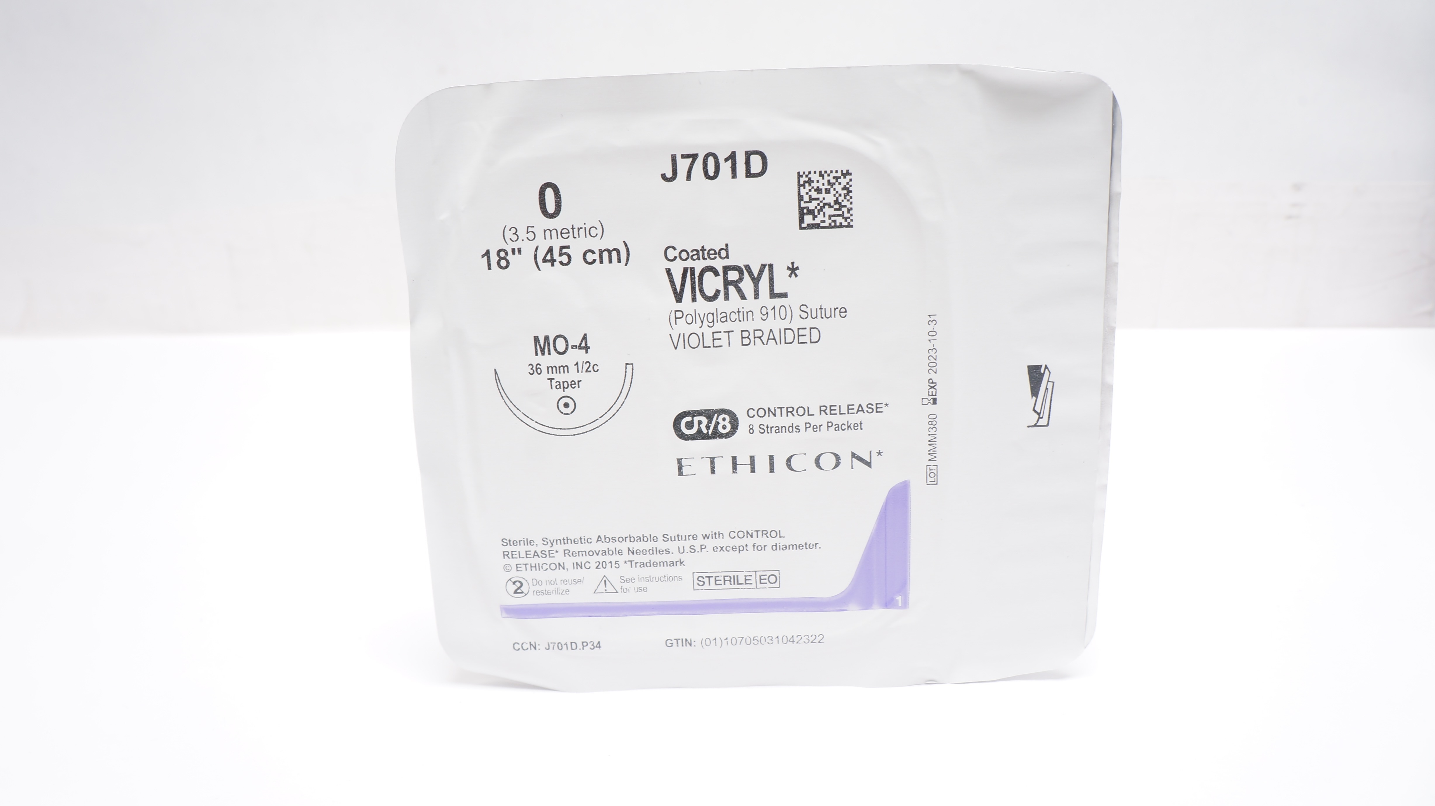 Ethicon J701D 0 Coated VICRYL Polyglavtin Stre MO-4 36mm 1/2c Taper, 18inch (x)