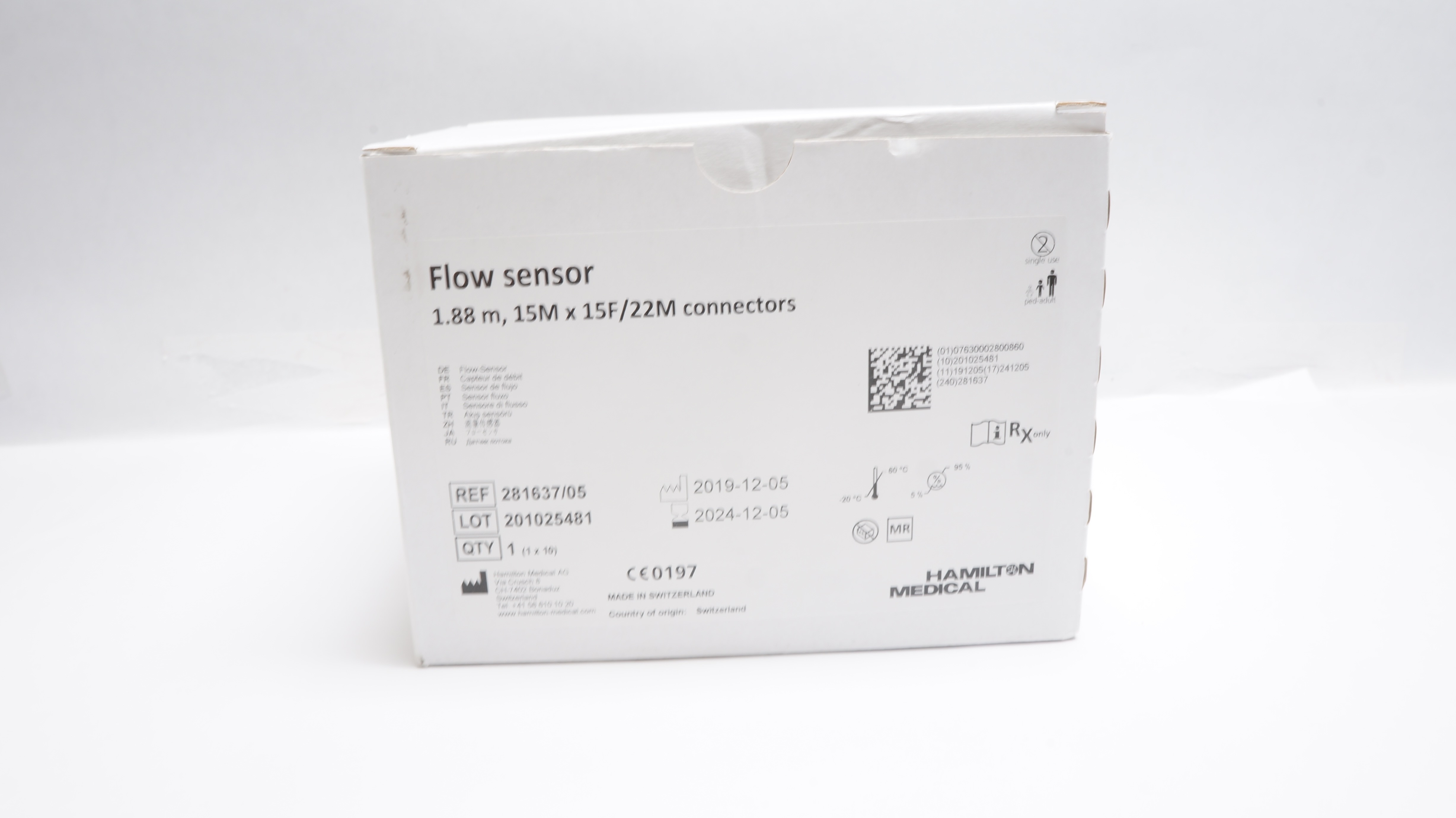 Hamilton Medical 281637/05 Flow Sensor 1.88m,15M x 15F/22M Connectors -Box of 10