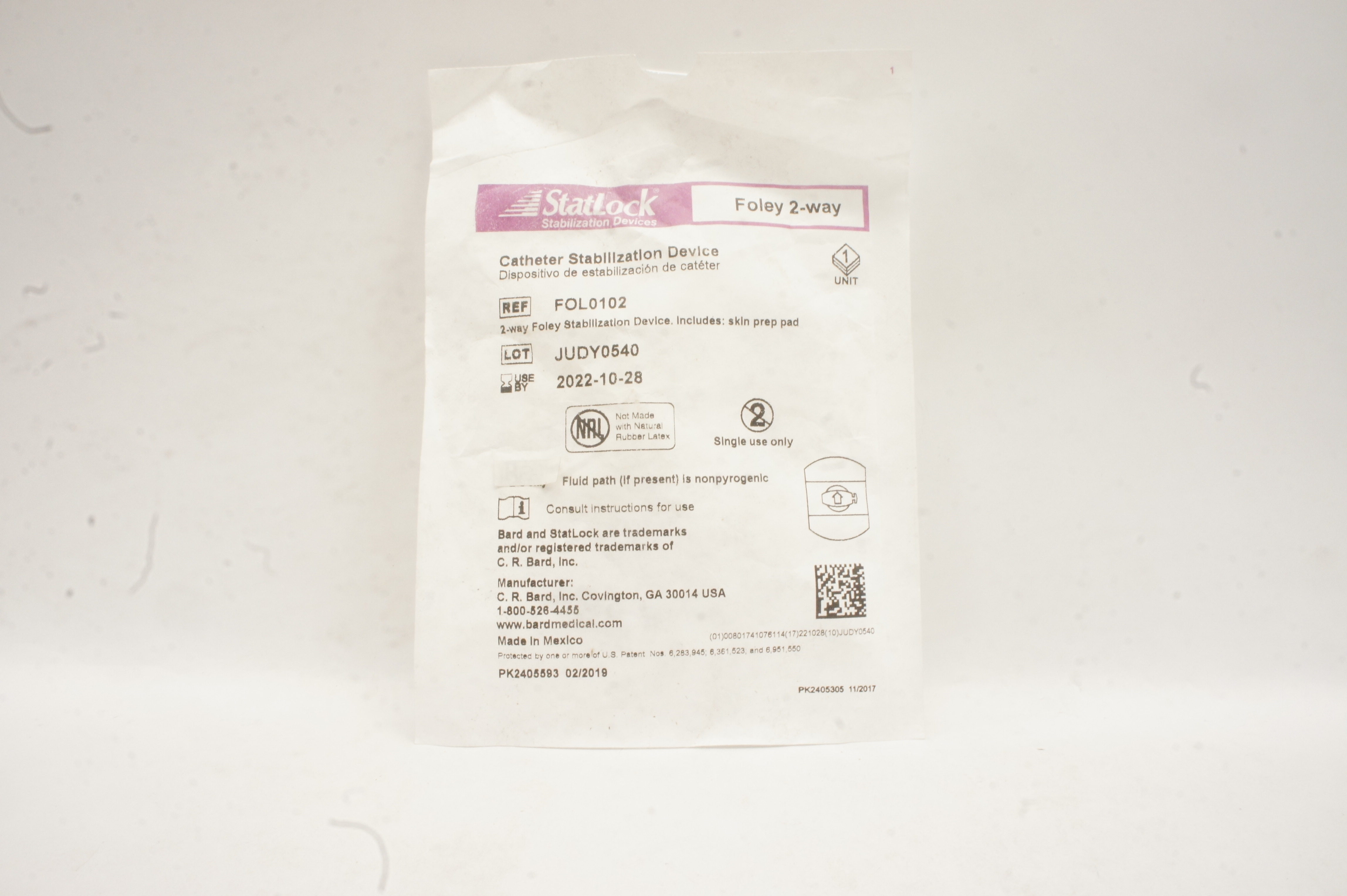 Bard FOL0102 StatLock Cath. Stabilization Device Foley 2-way