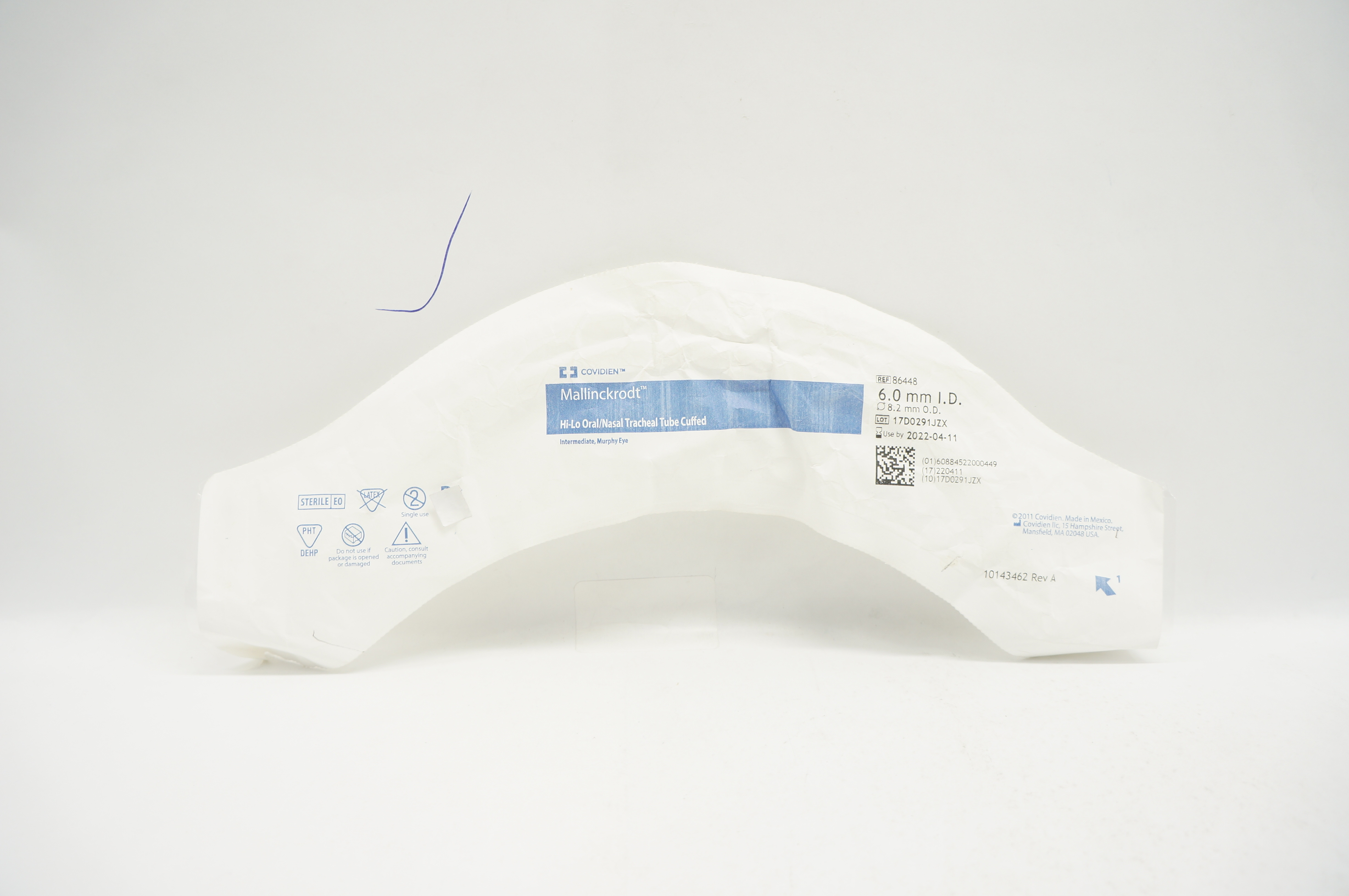 Covidien 86448 Shiley Hi-Lo Oral/Nasal Tracheal Tube Cuffed 6.0mm ID x 8.2mm OD