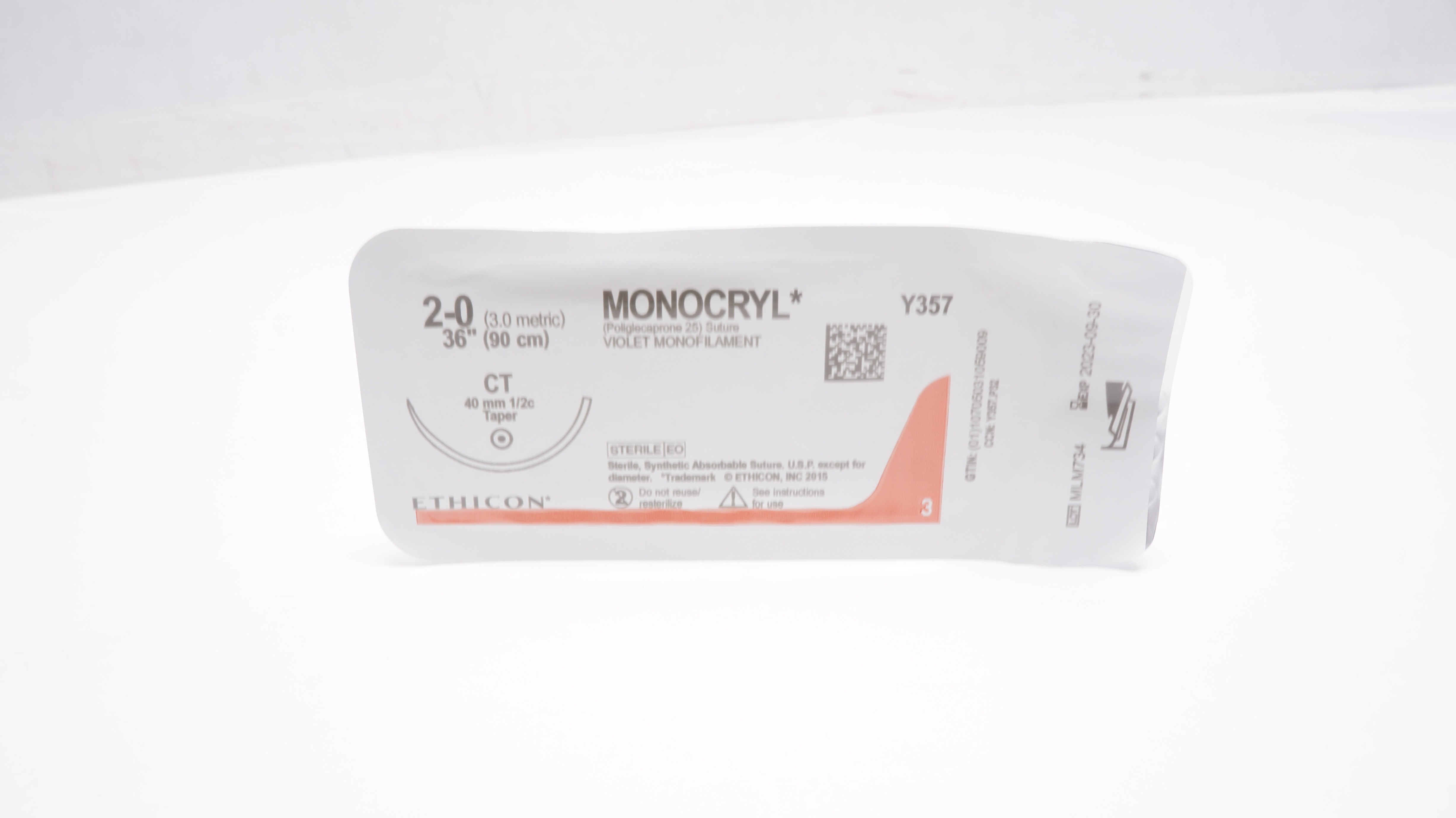 Ethicon Y357 2-0 Monocryl Poliglecaprone Stre CT 40 mm 1/2c Taper 36inch (x)