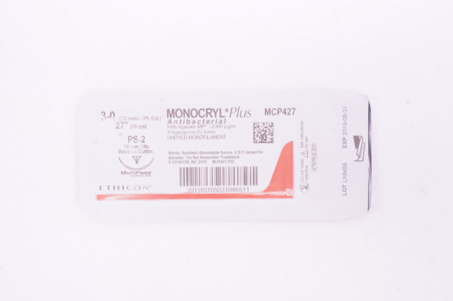 Ethicon MCP427 3-0 Monocryl Plus Stre PS-2 19mm 3/8c Reverse Cutting, 27inch (x)
