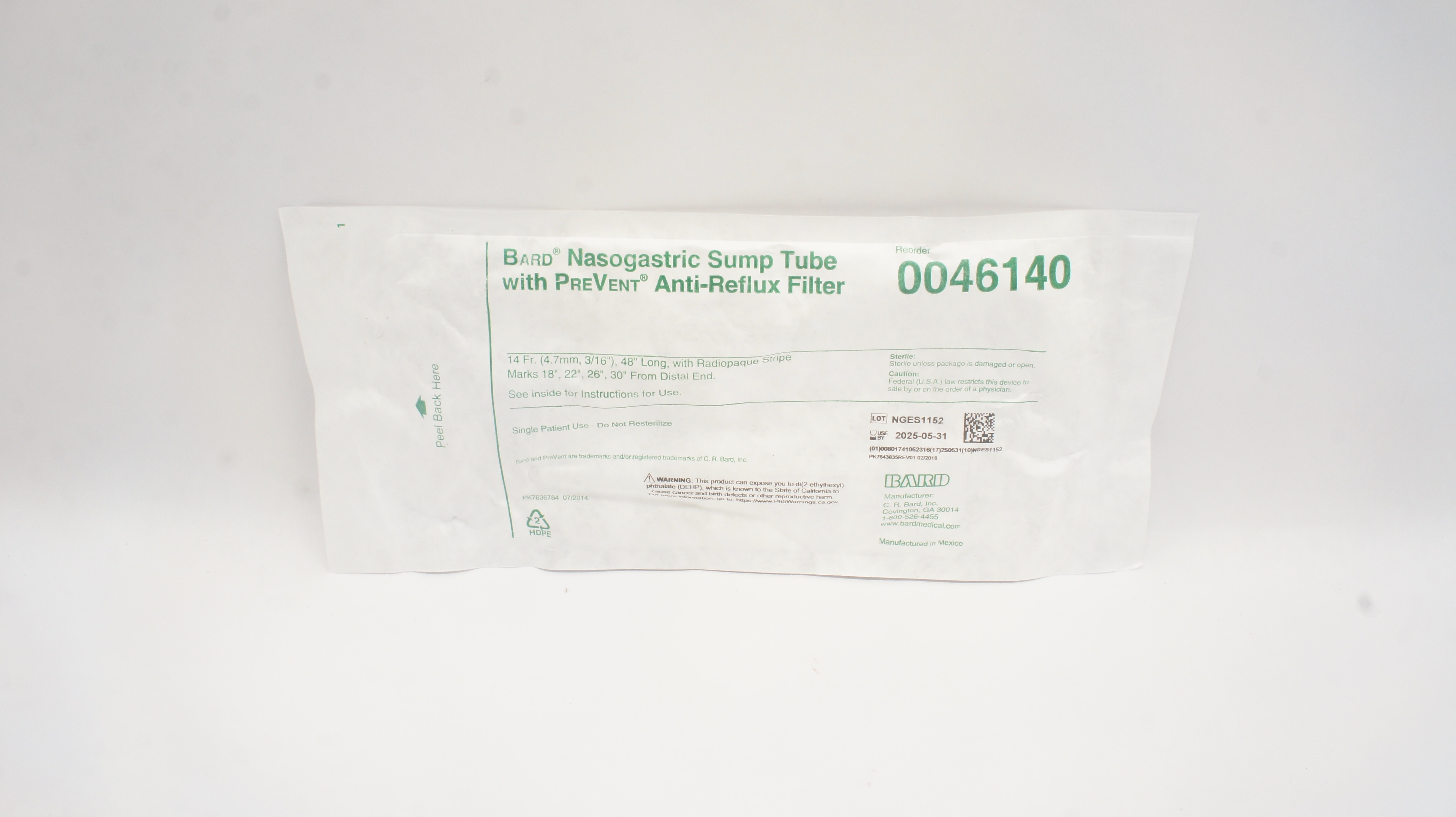 Bard 0046140 Nasogastric Sump Tube with PreVent Anti-Reflux Filter 14Fr x 48inch