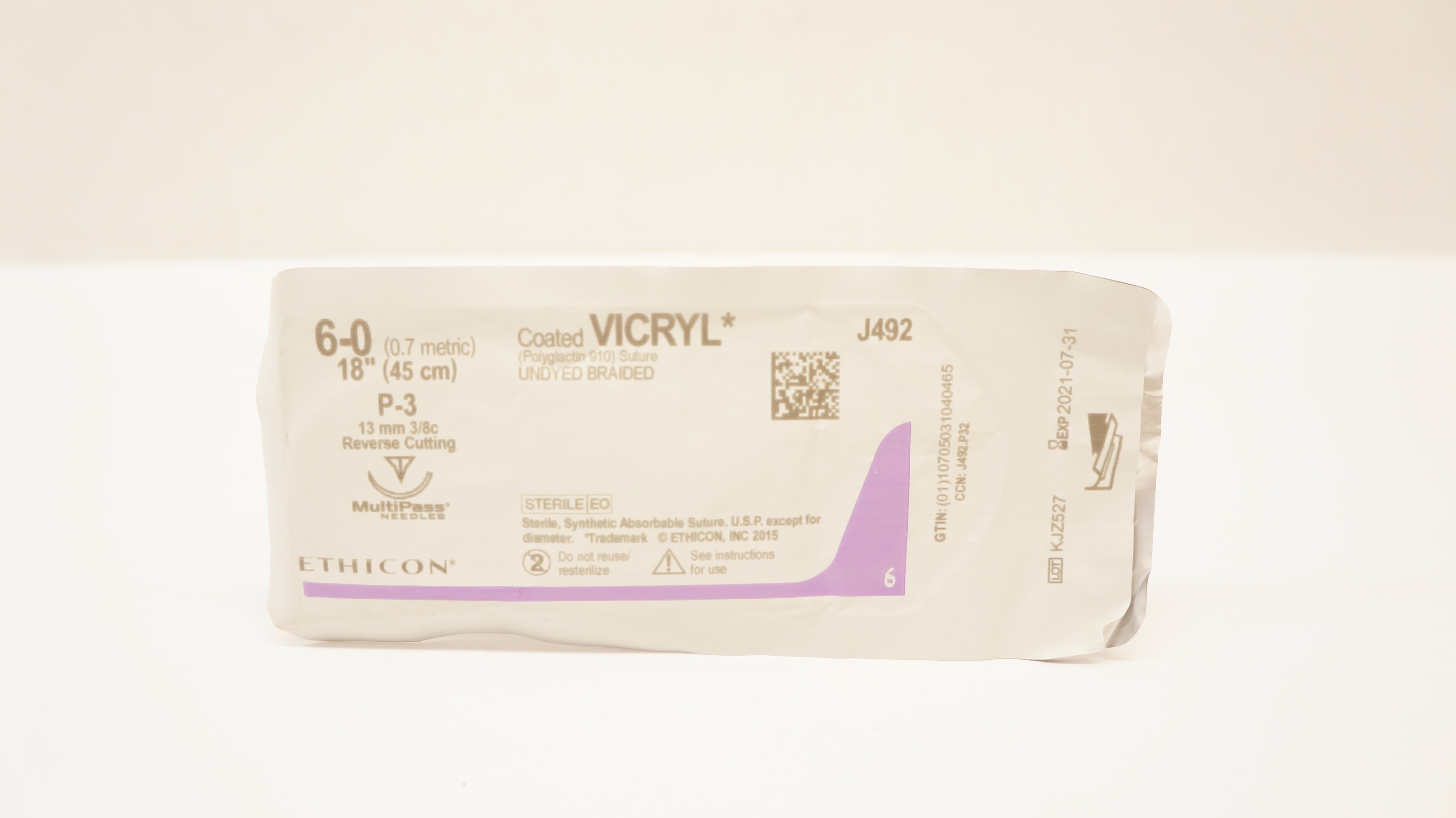 Ethicon J492 6-0 Coated VICRYL Stre P-3 13mm 3/8c Reverse Cutting, 18inch (x)