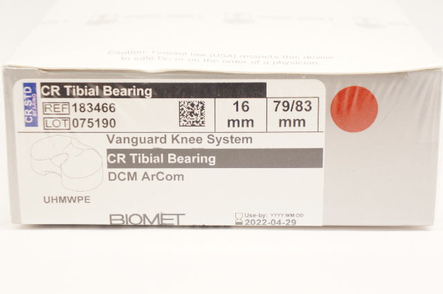 Biomet 183466 Vanguard Knee System CR Tibial Bearing DCM ArCom 16mm x 79/83mm(x)