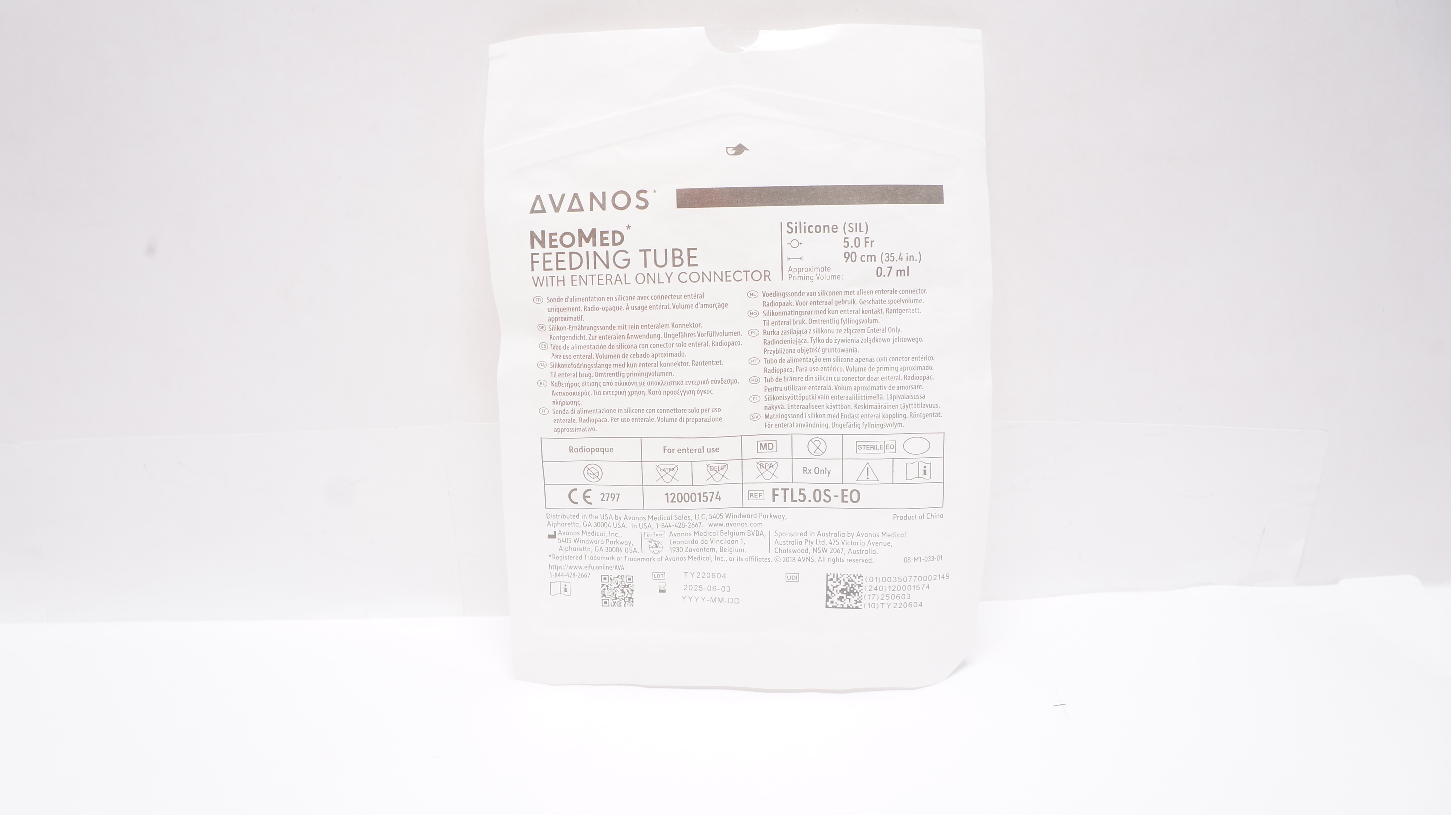 Avanos FTL5.0S-EO NeoMed Radiopaque Silicone Enteral Feeding Tube 5.0Fr x 90cm