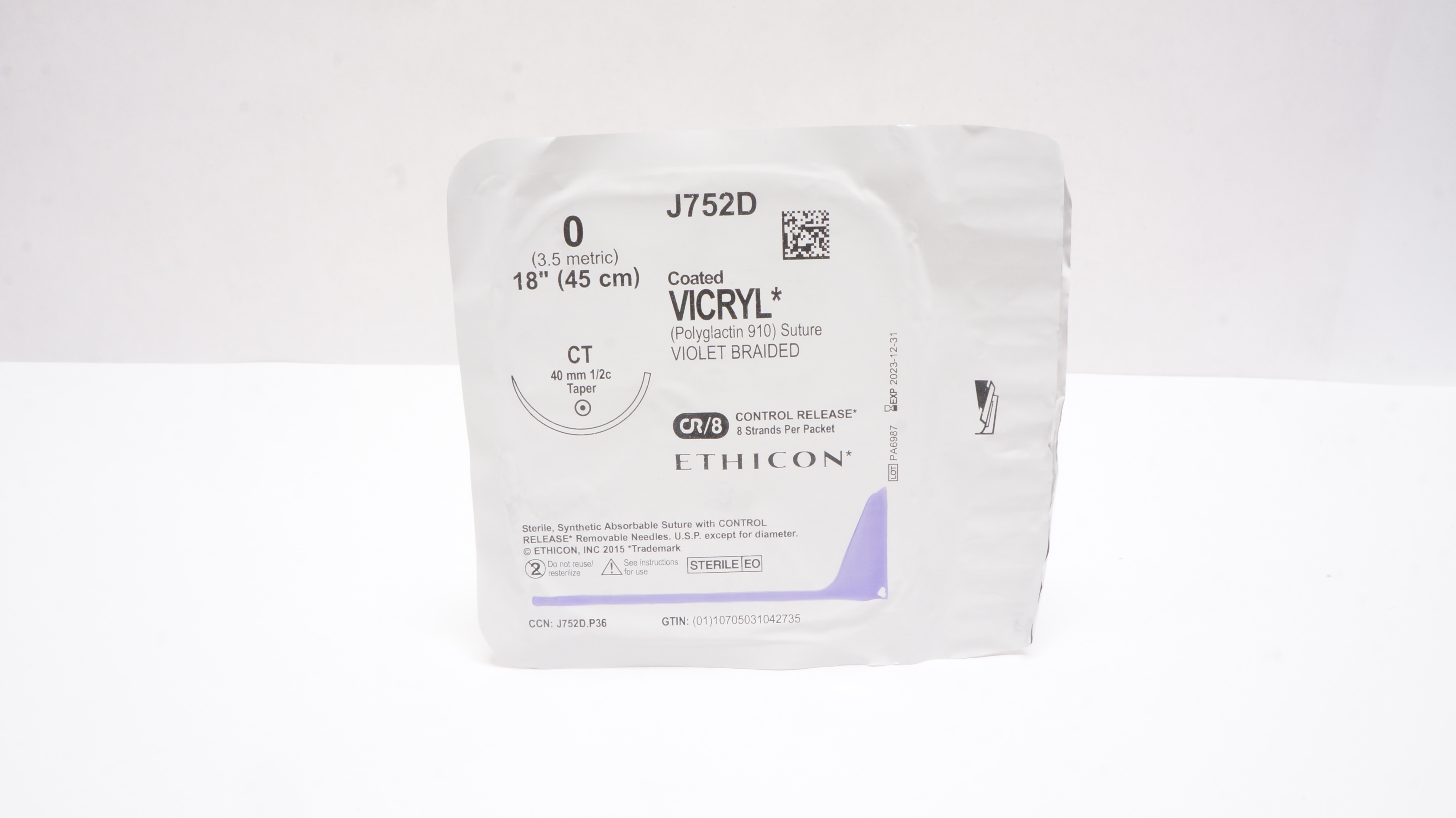 Ethicon J752D 0 Coated Vicryl Stre Violet Braided CR/8 CT 40mm 1/2c Taper 18In