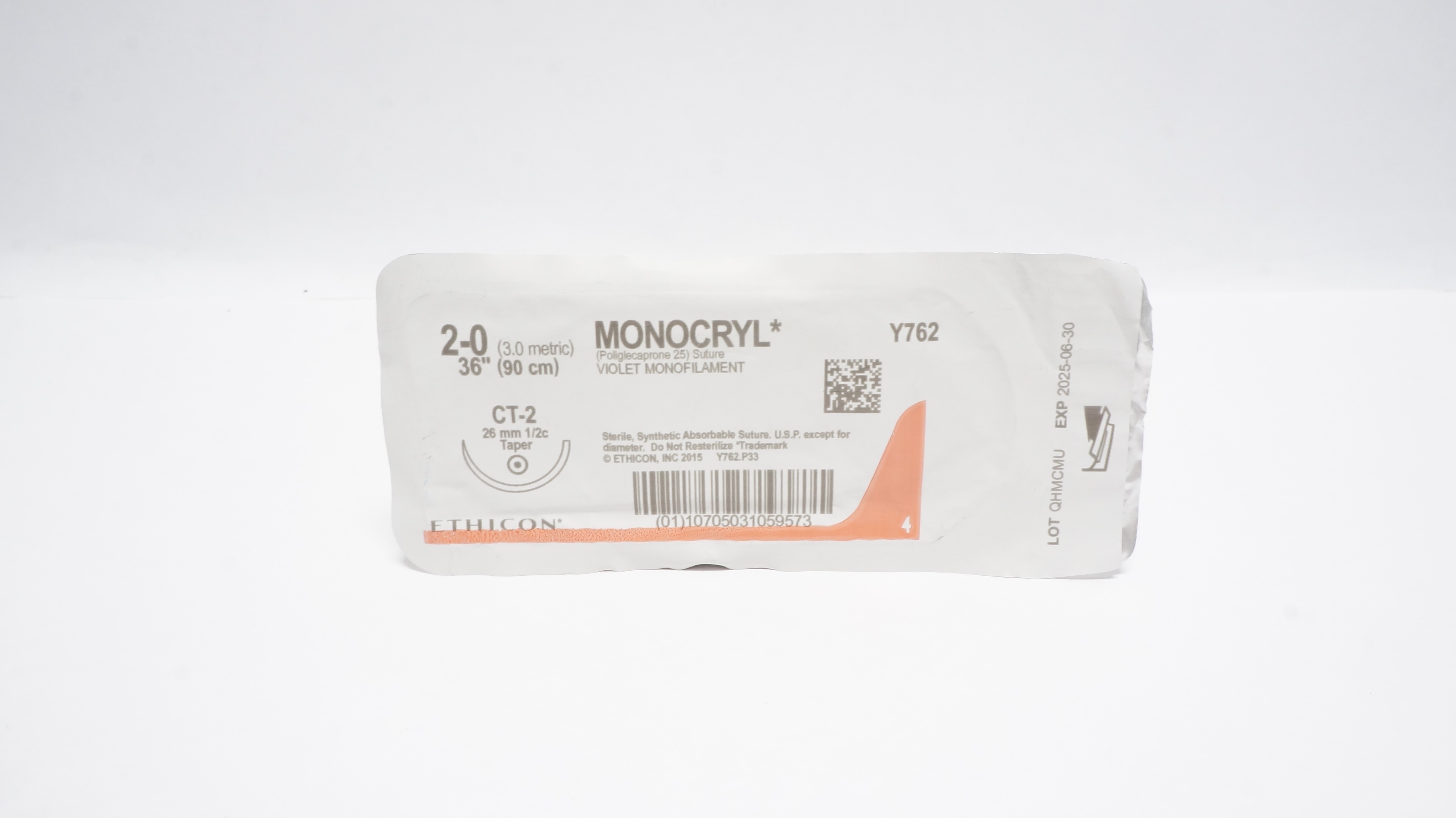 Ethicon Y762 2-0 Monocryl Stre Violet Monofilament CT-2 26mm 1/2c Taper, 36in(x)