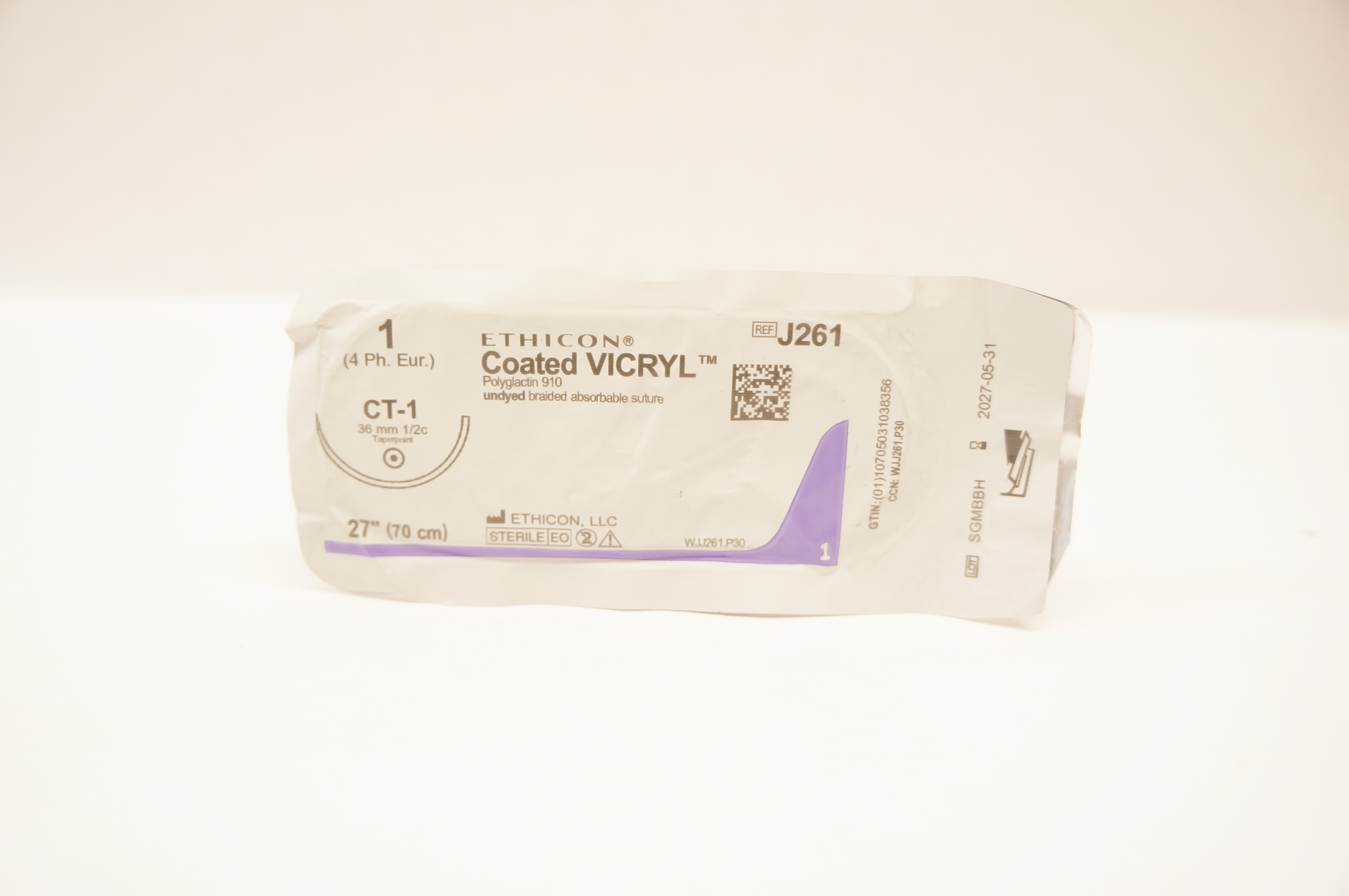 Ethicon J261 1 Coated VICRYL Stre CT-1 36mm 1/2c Taperpoint, 27inch