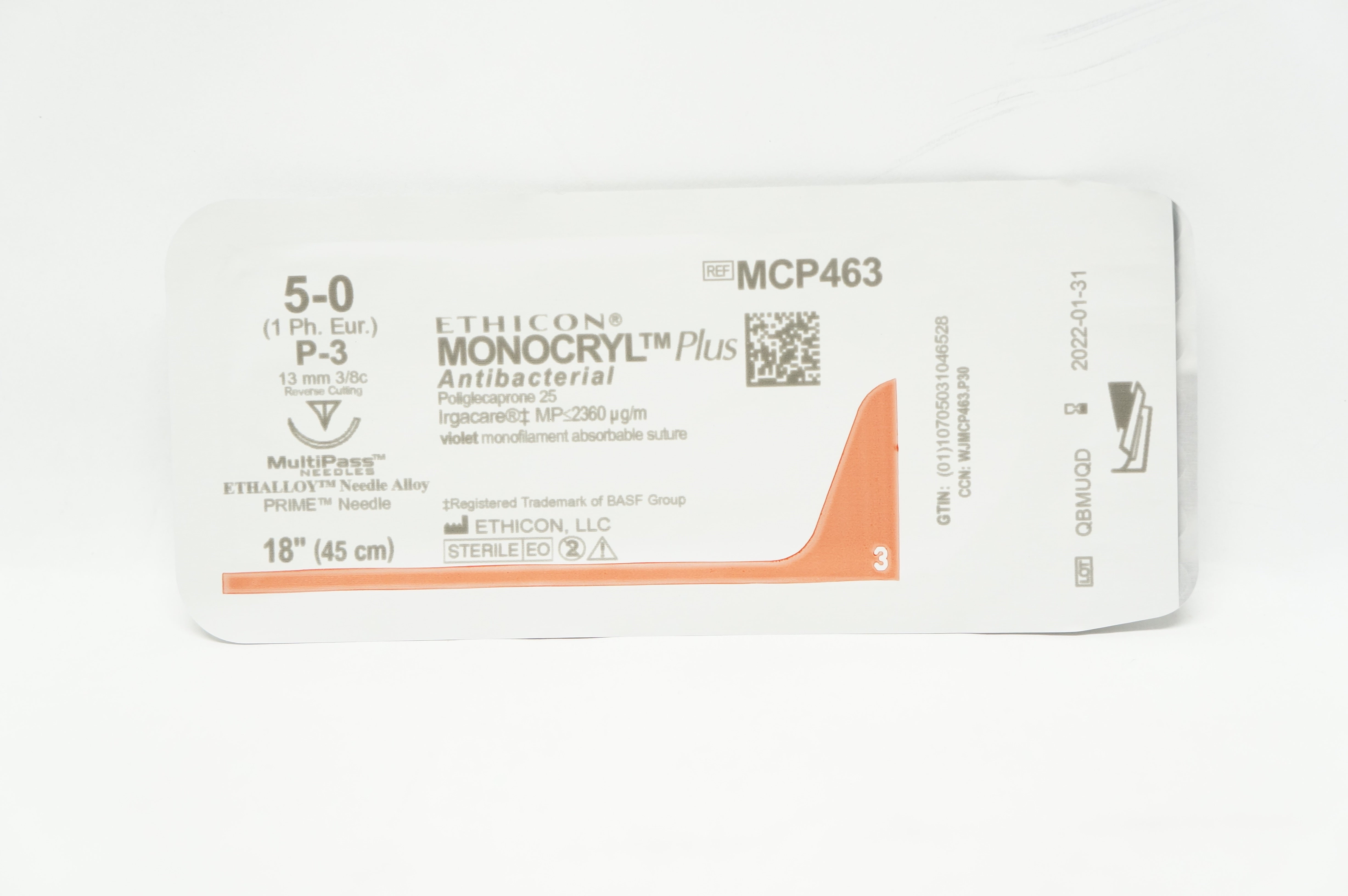 Ethicon MCP463 5-0 mMonocryl Plus Stre P-3 13mm 3/8c Reverse Cutting 18inch