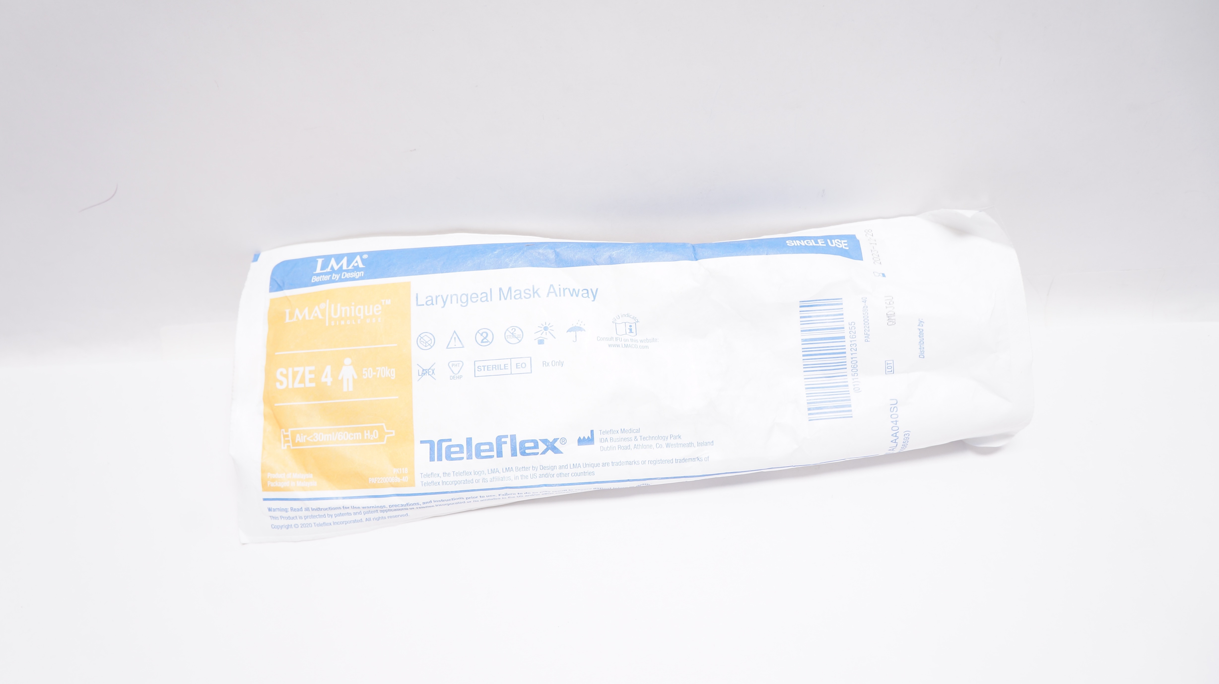 Teleflex ALAA040SU LMA Laryngeal Mask Airway Size 4, 50-70kg Air <30cm/60ml H2O