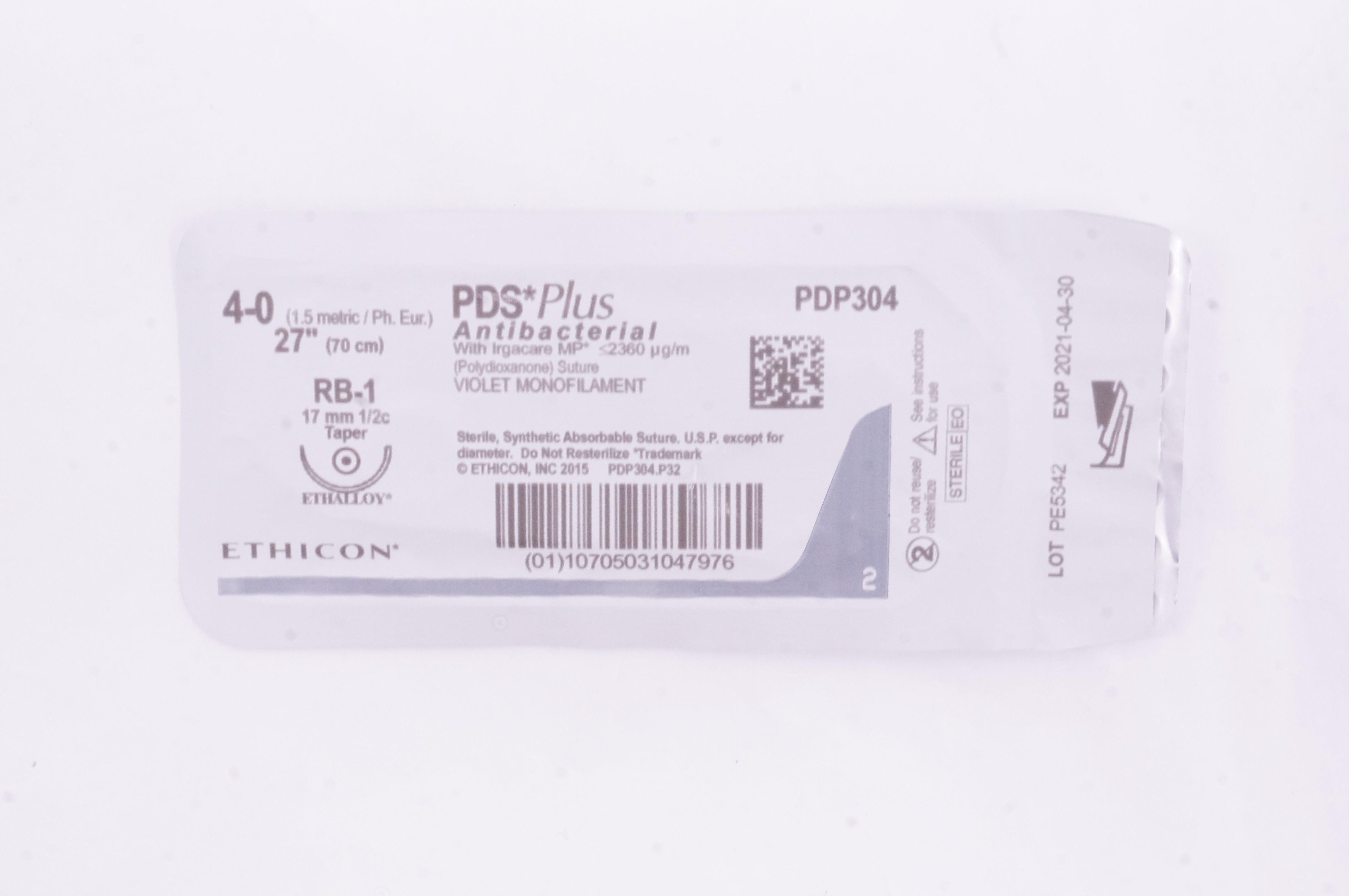 Ethicon PDP304 4-0 PDS Plus Antibacterial Stre RB-1 17mm 1/2c Taper, 27inch (x)