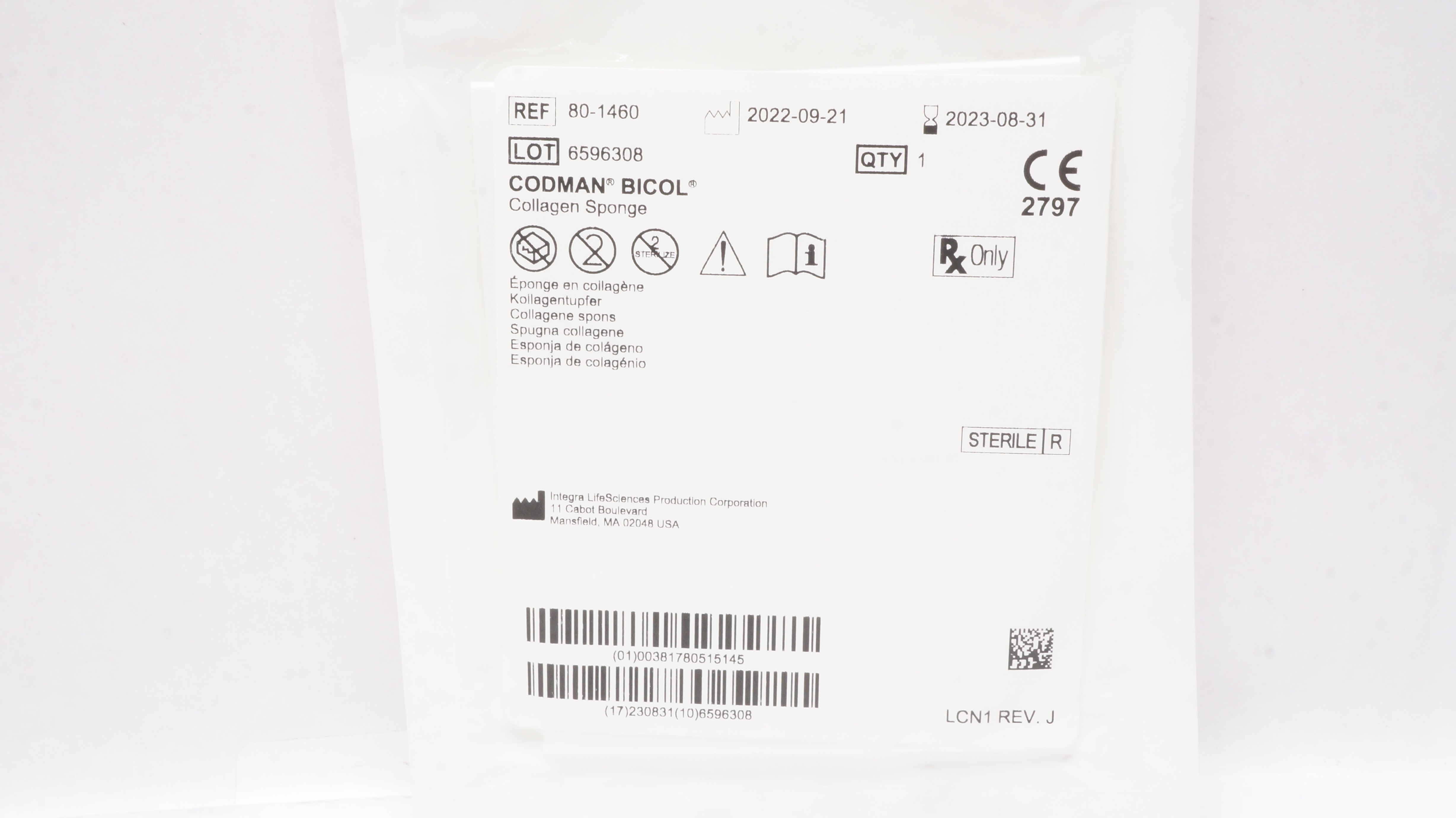 Integra LifeSciences 80-1460 Codman Bicol Collagen Sponge, Sterile
