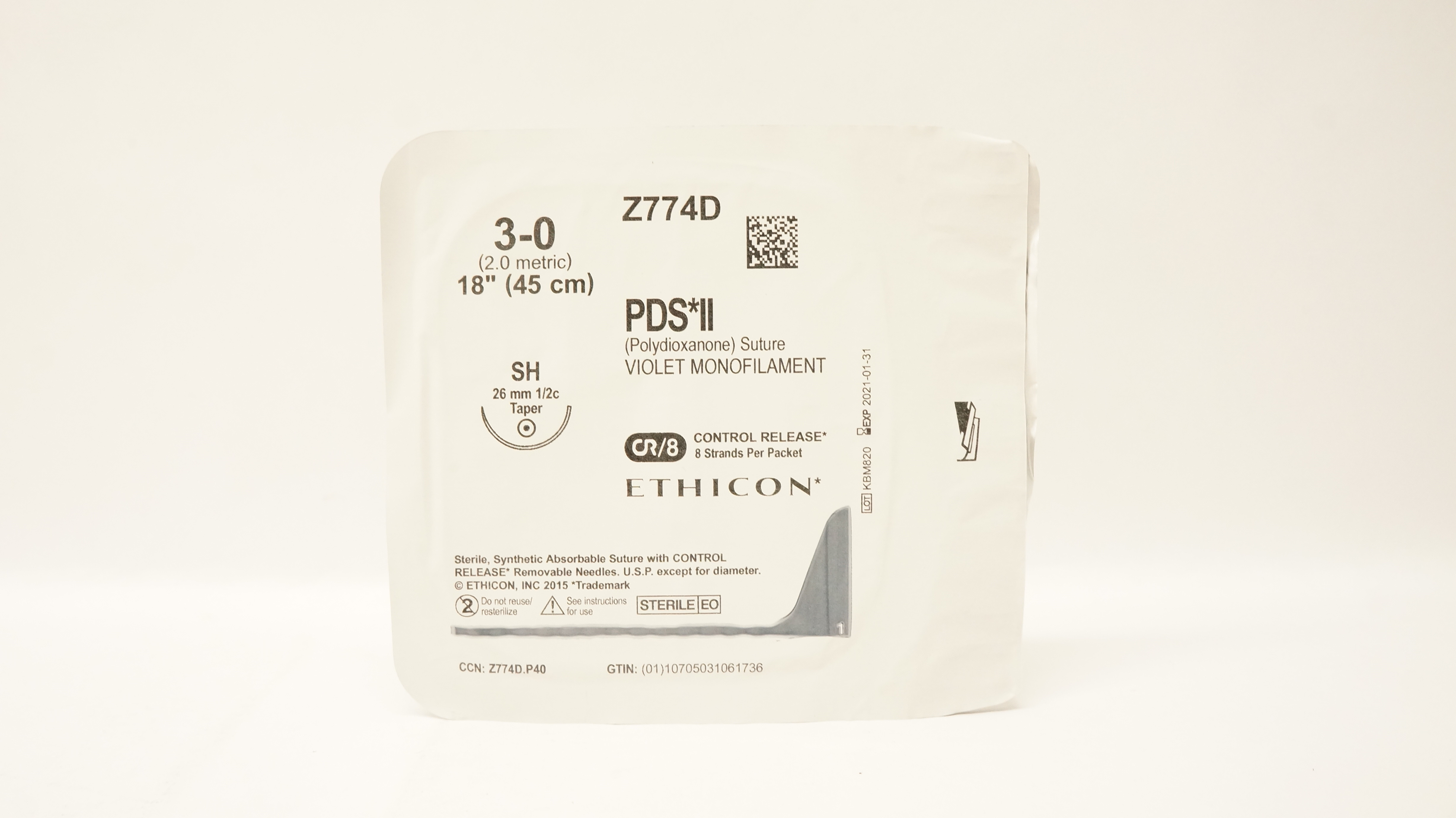 Ethicon Z774D 3-0 PDS II VIOLET MONOFILAMENT SH 26mm 1/2c Taper, 18inch (x)