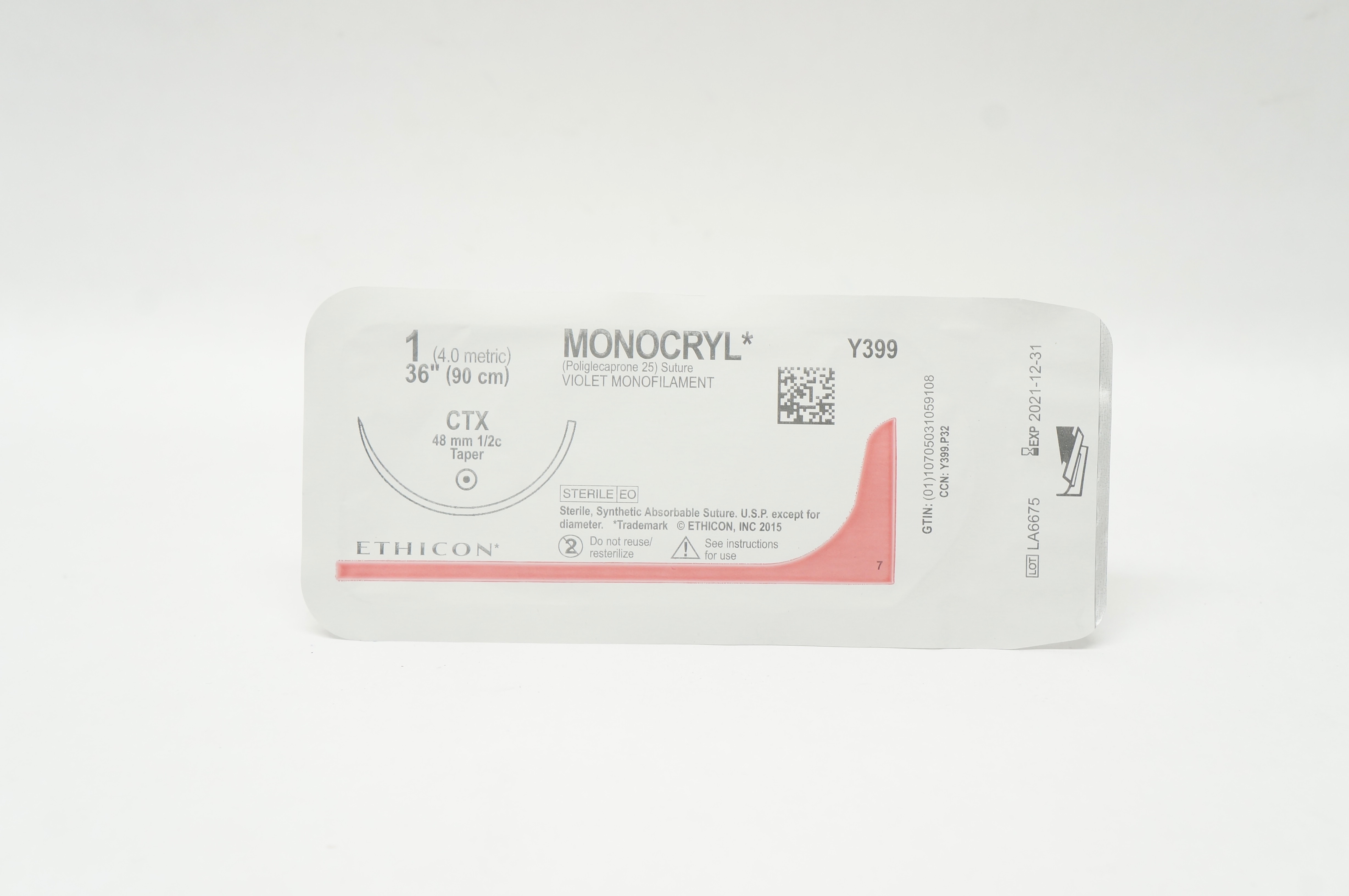 Ethicon Y399 1 MONOCRYL Violet Monofilament CTX 48mm 1/2c Taper 36inch (x)