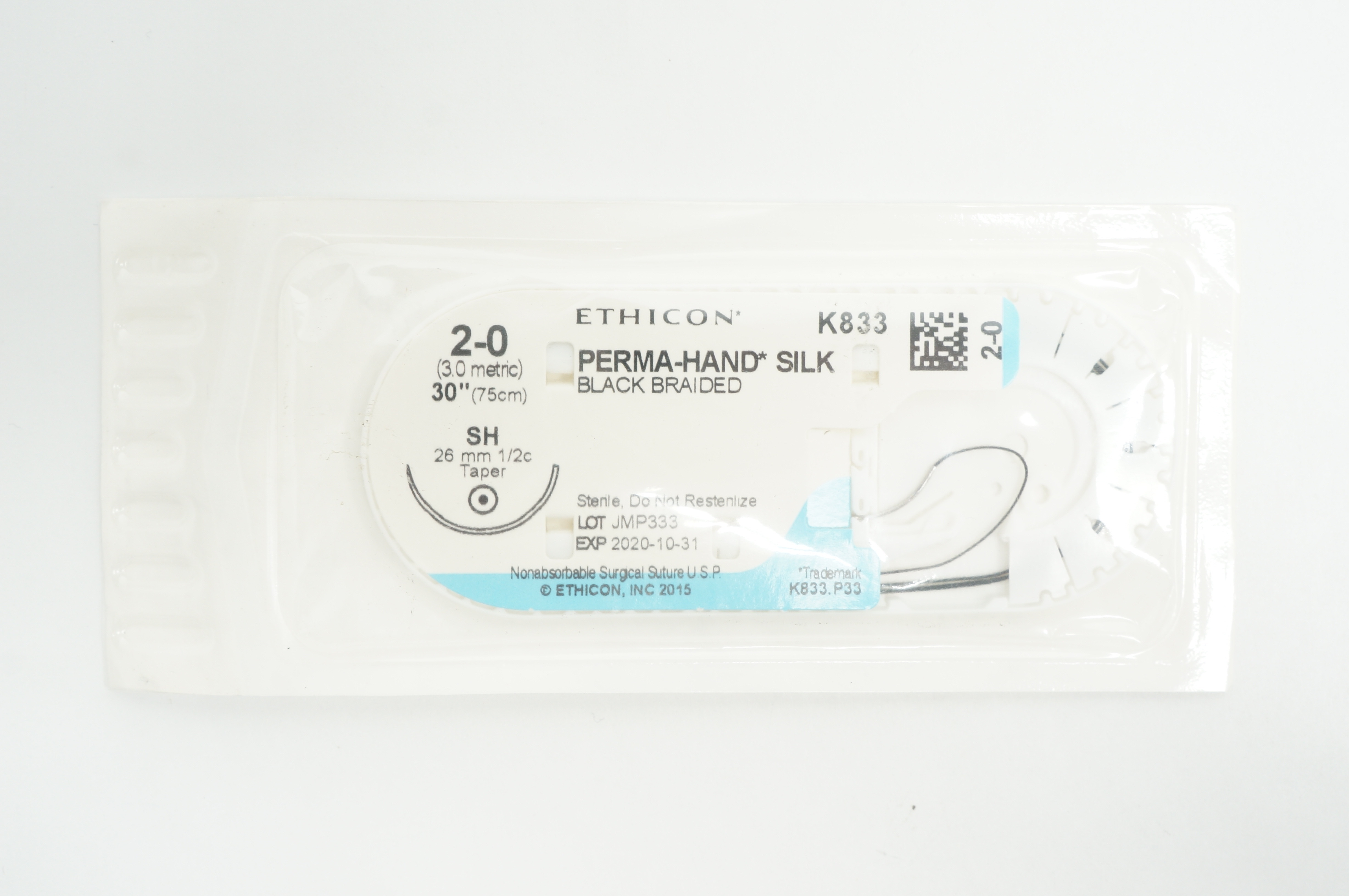 Ethicon K833 2-0 Perma-Hand Silk SH 26mm 1/2c Taper, 30inch (x)