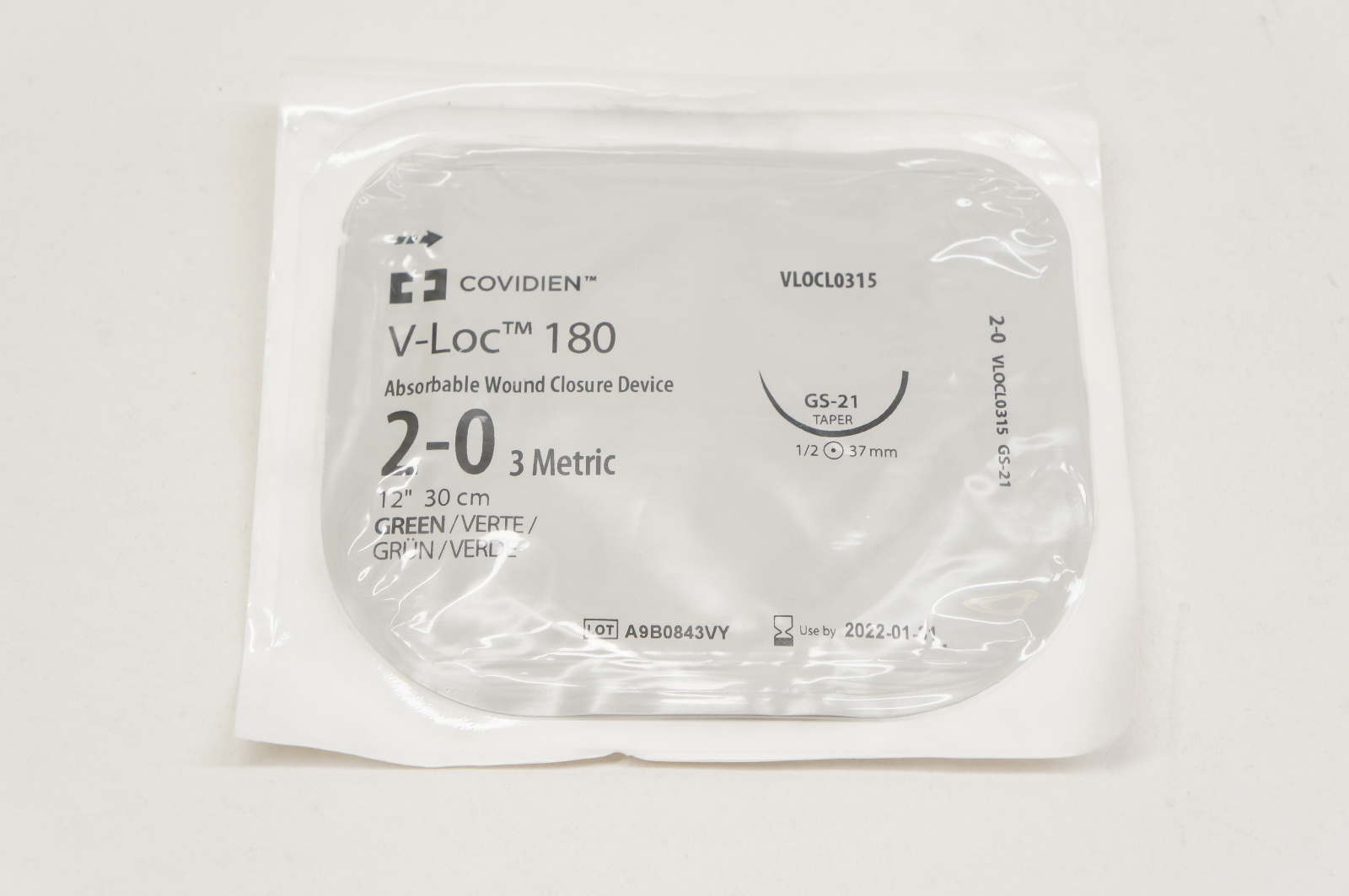 Covidien VLOCL0315, 2-0 V-Loc 180 Green, GS-21 1/2c 37mm Taper, 12inch