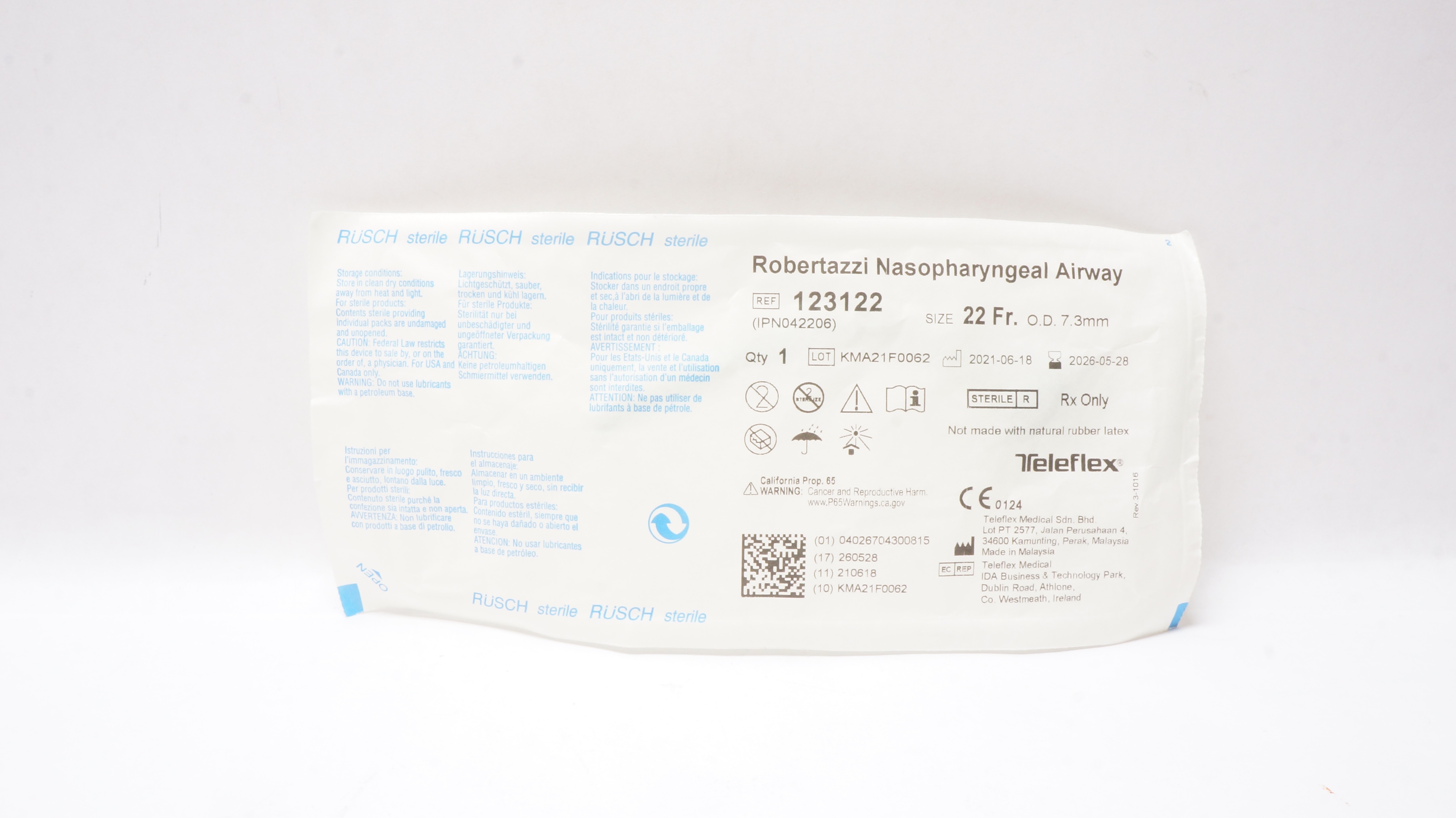 Teleflex 123122 Rusch Robertazzi Nasopharyngeal Airway 22Fr x 7.3mm OD