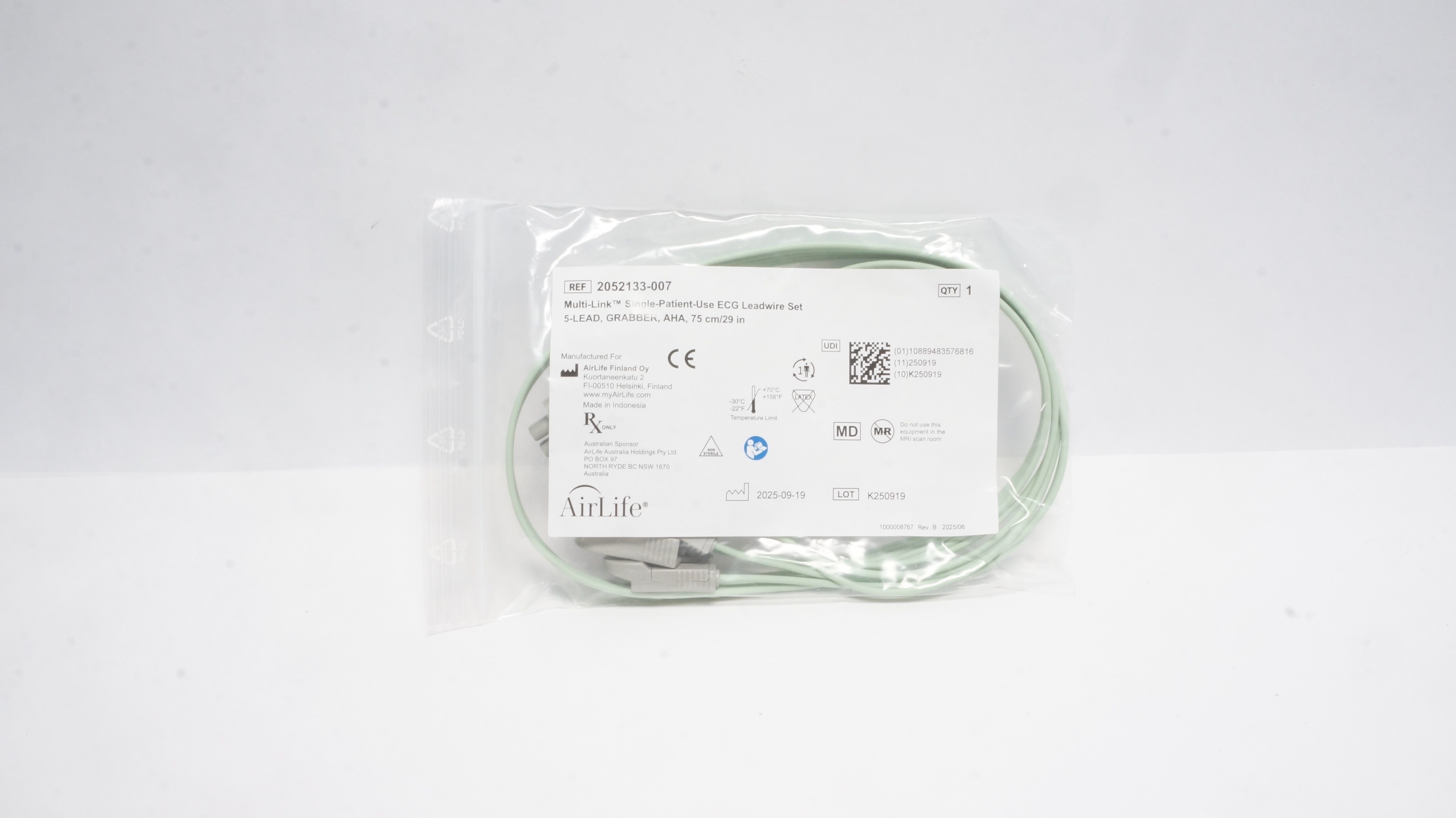 AirLife 2052133-007 Multi-Link Sigle-Patient-Use ECG Leadwire Set 5-LEAD, 29In