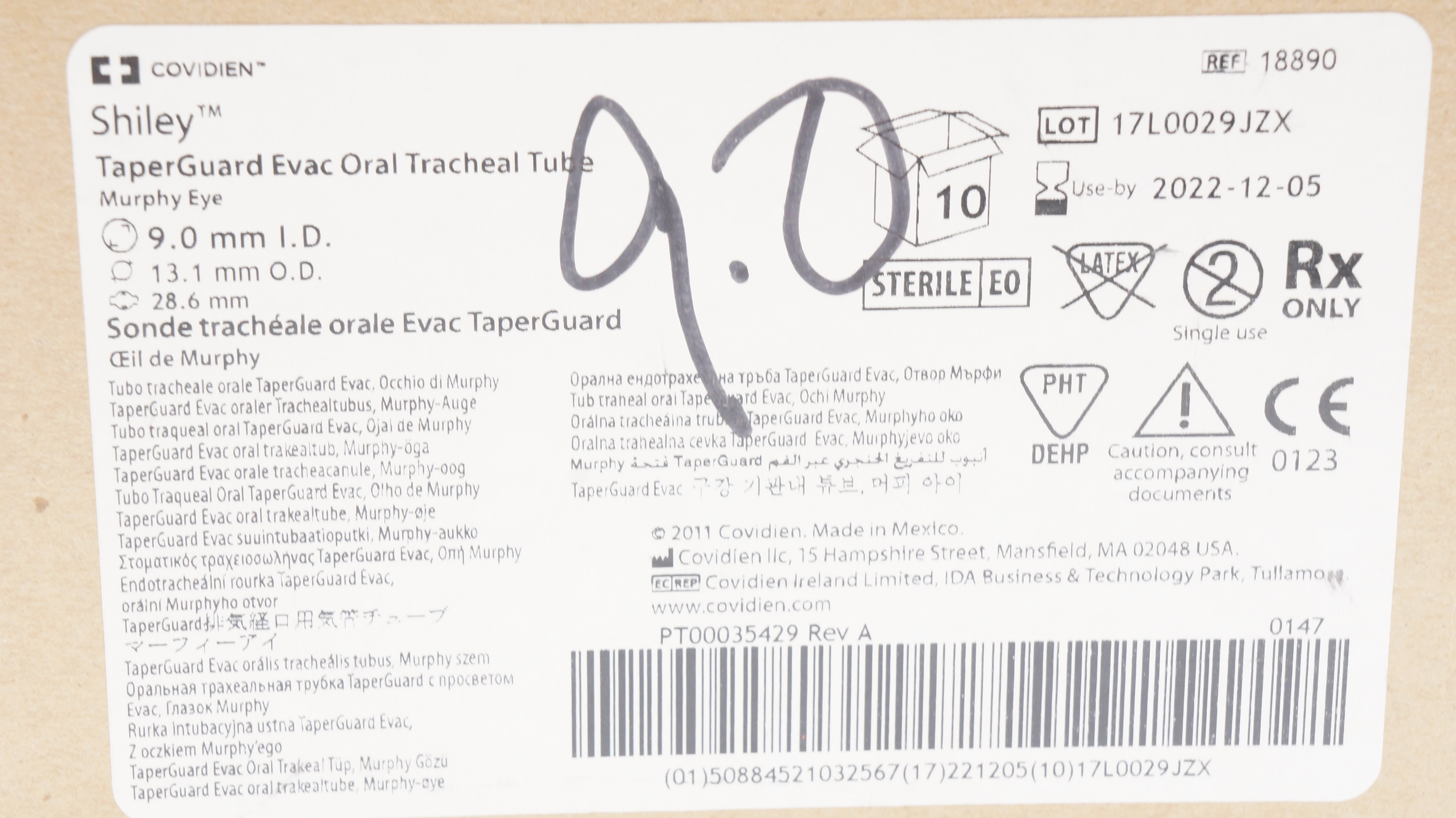 Covidien 18890 Shiley TaperGuard Oral Tracheal Tube 9.0IDx13.1OD (x)- Box of 10