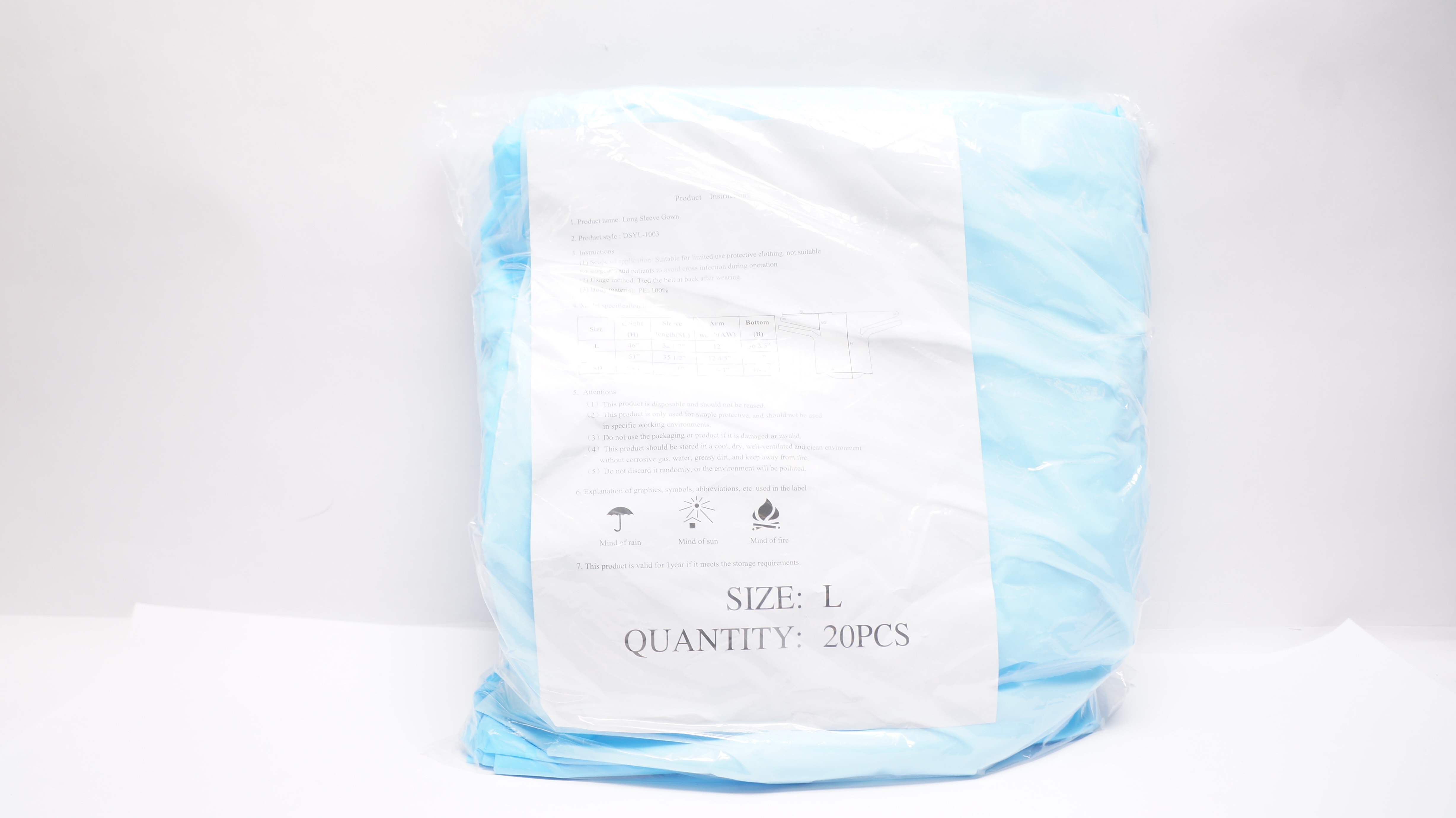DSYL-1003 Long Sleeve Gown, Size L 46inch x 32-1/2inch - Pack of 20