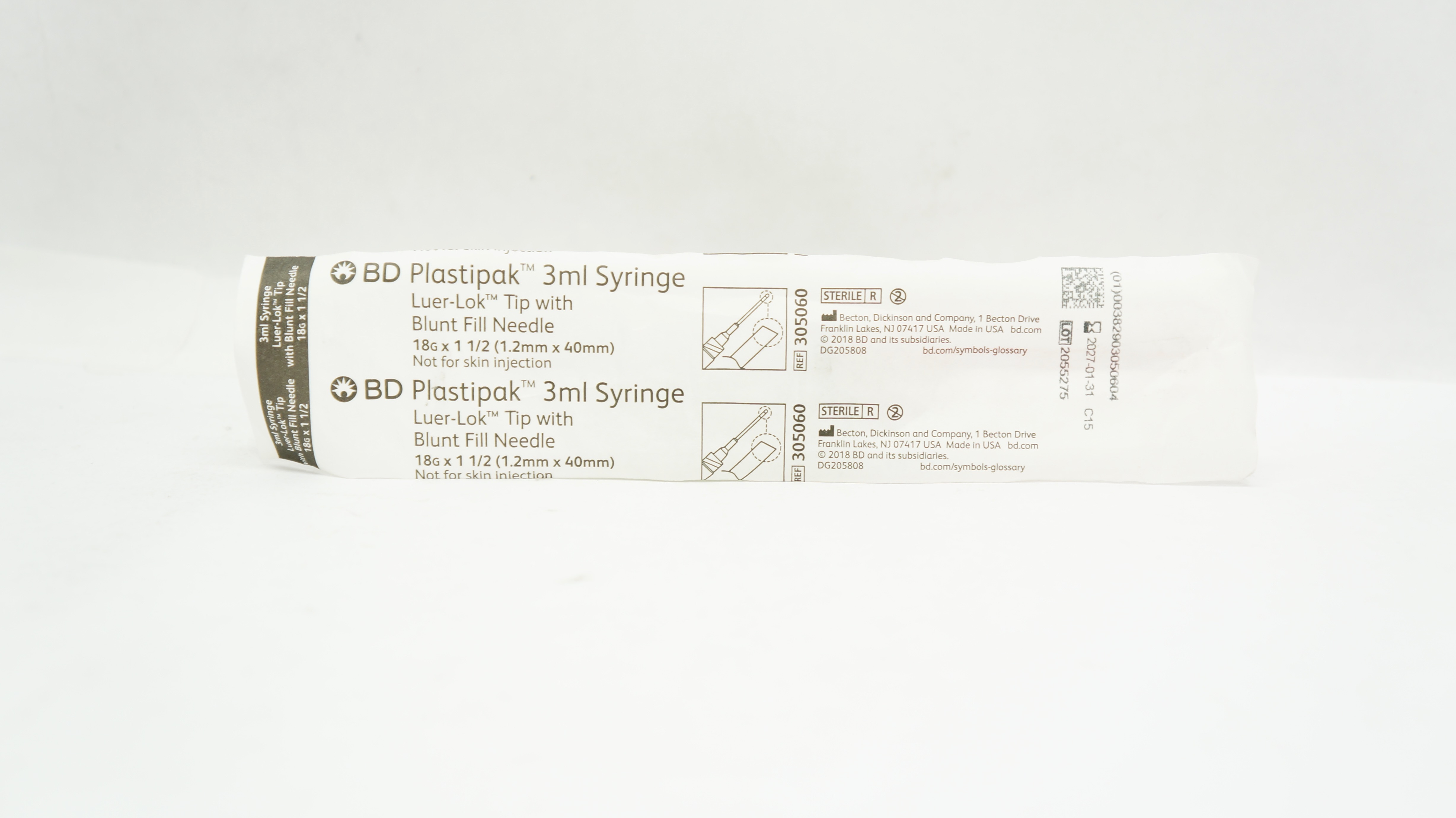 BD 305060 Syringe 3ml Luer-Lok Tip with Blunt Fill Ndle 18G x 1-1/2inch