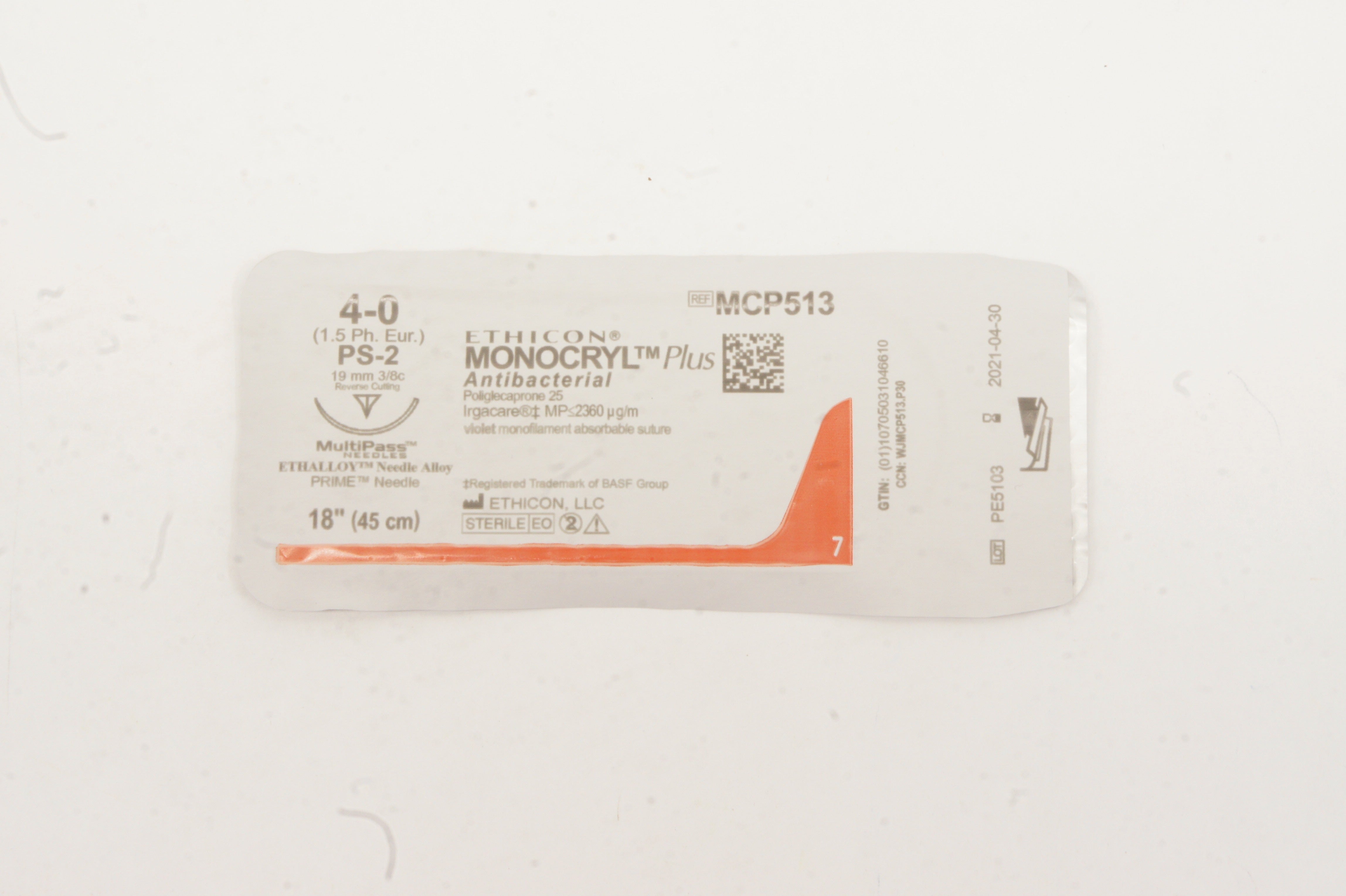 Ethicon MCP513 4-0 MONOCRYL Plus PS-2 19mm 3/8c Reverse Cutting, 18inch (x)