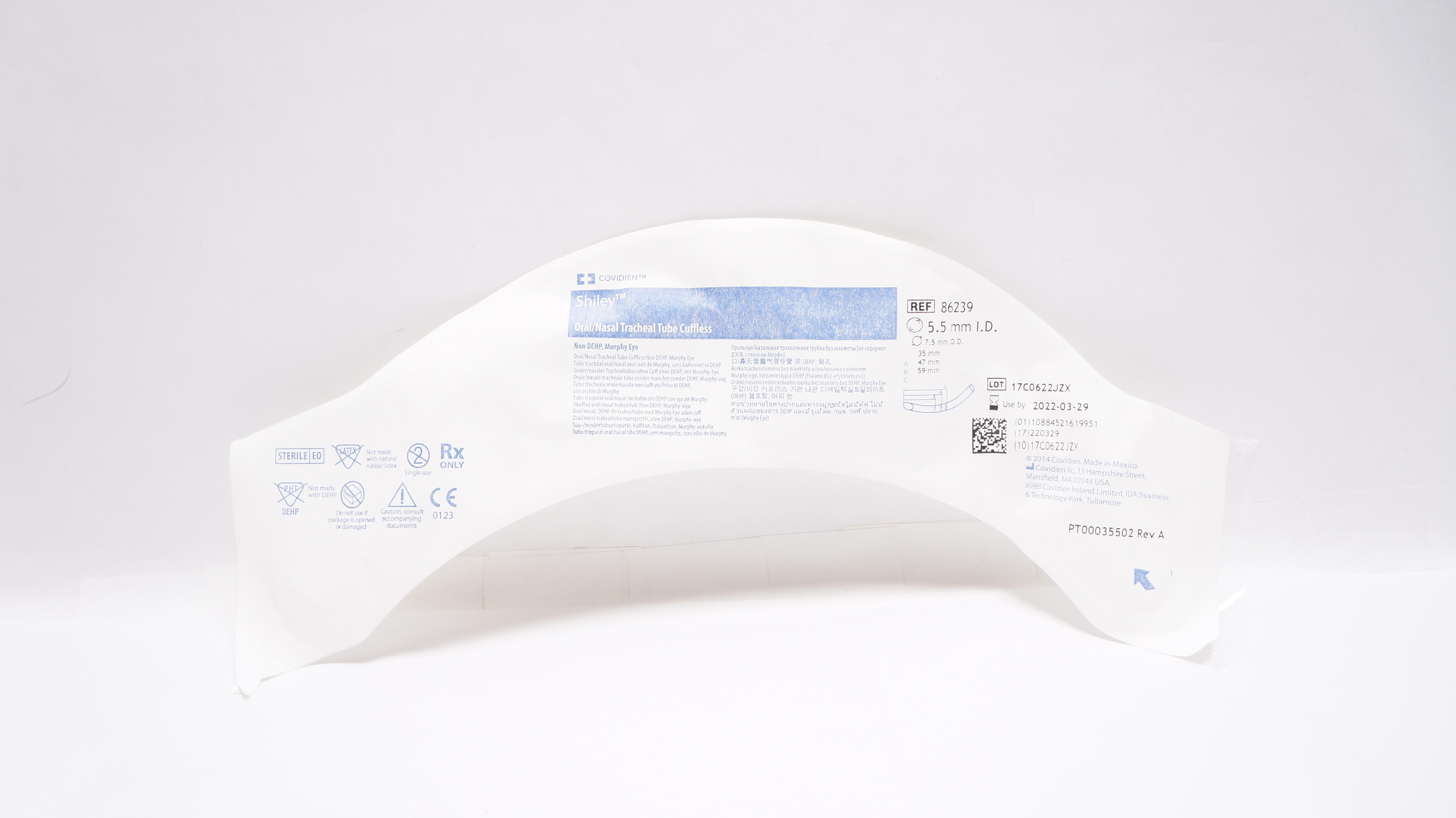 Covidien 86239 Shiley Oral/Nasal Tracheal Tube Cuffless 5.5mm ID x 7.5mm OD (x)