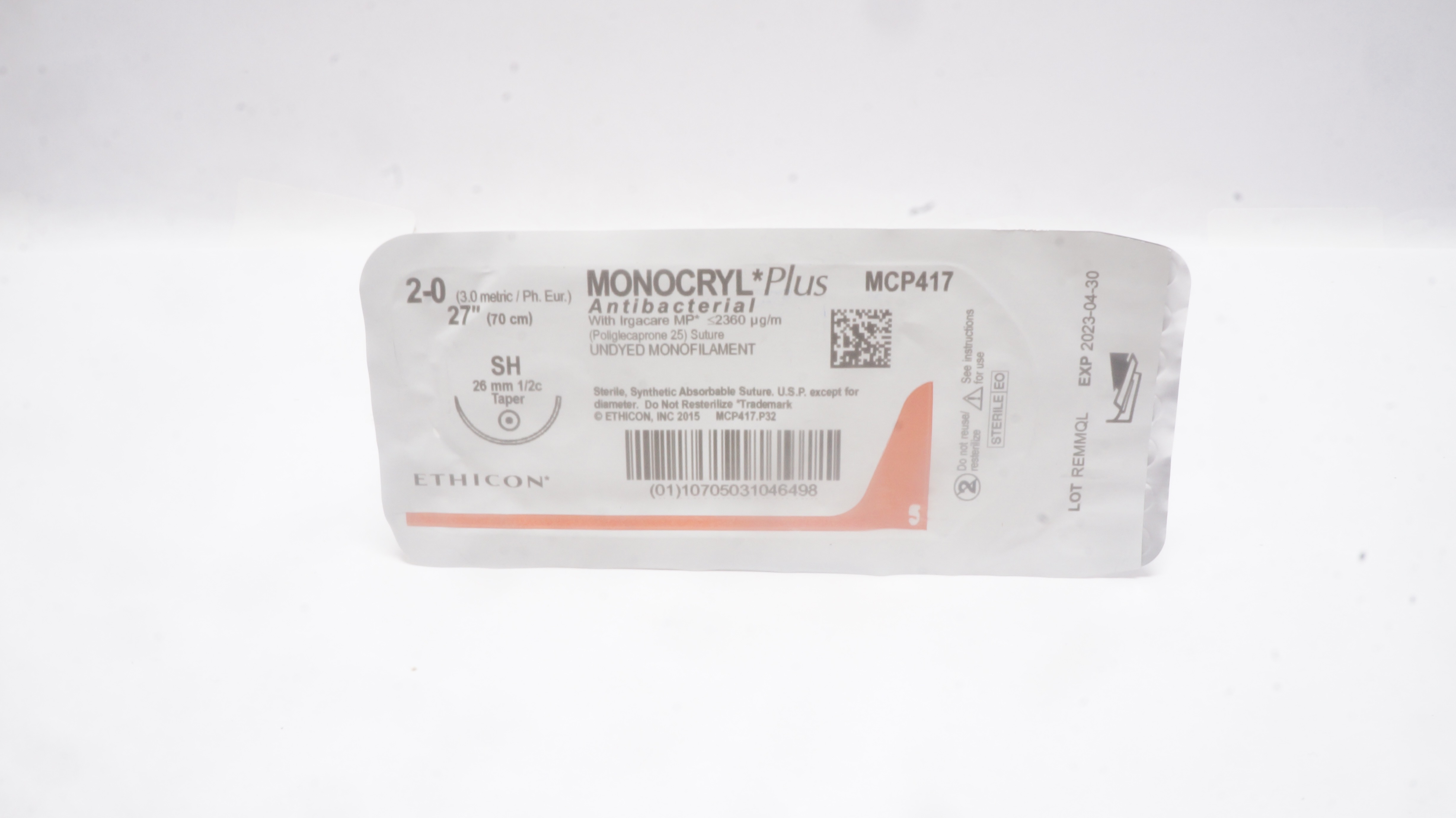 Ethicon MCP417 2-0 MONOCRYL Plus, SH,  26mm 1/2c Taper, 27inch (x)