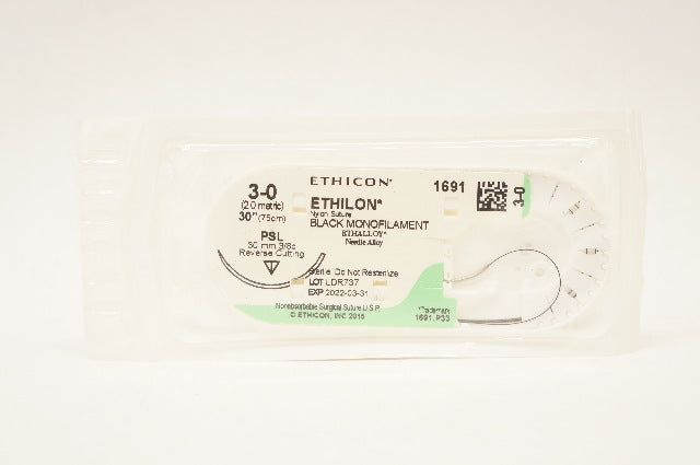 Ethicon 1691 3-0 ETHILON Nylon Stre PSL 30mm 3/8c Reverse Cutting, 30inch (x)