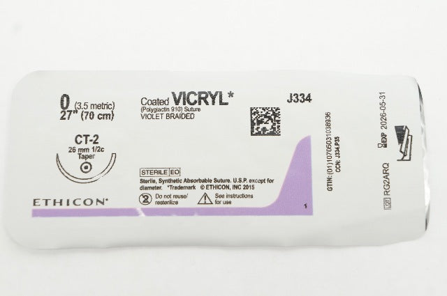 Ethicon J334 0 Coated VICRYL Stre, CT-2, 26mm 1/2c Taper, 27In