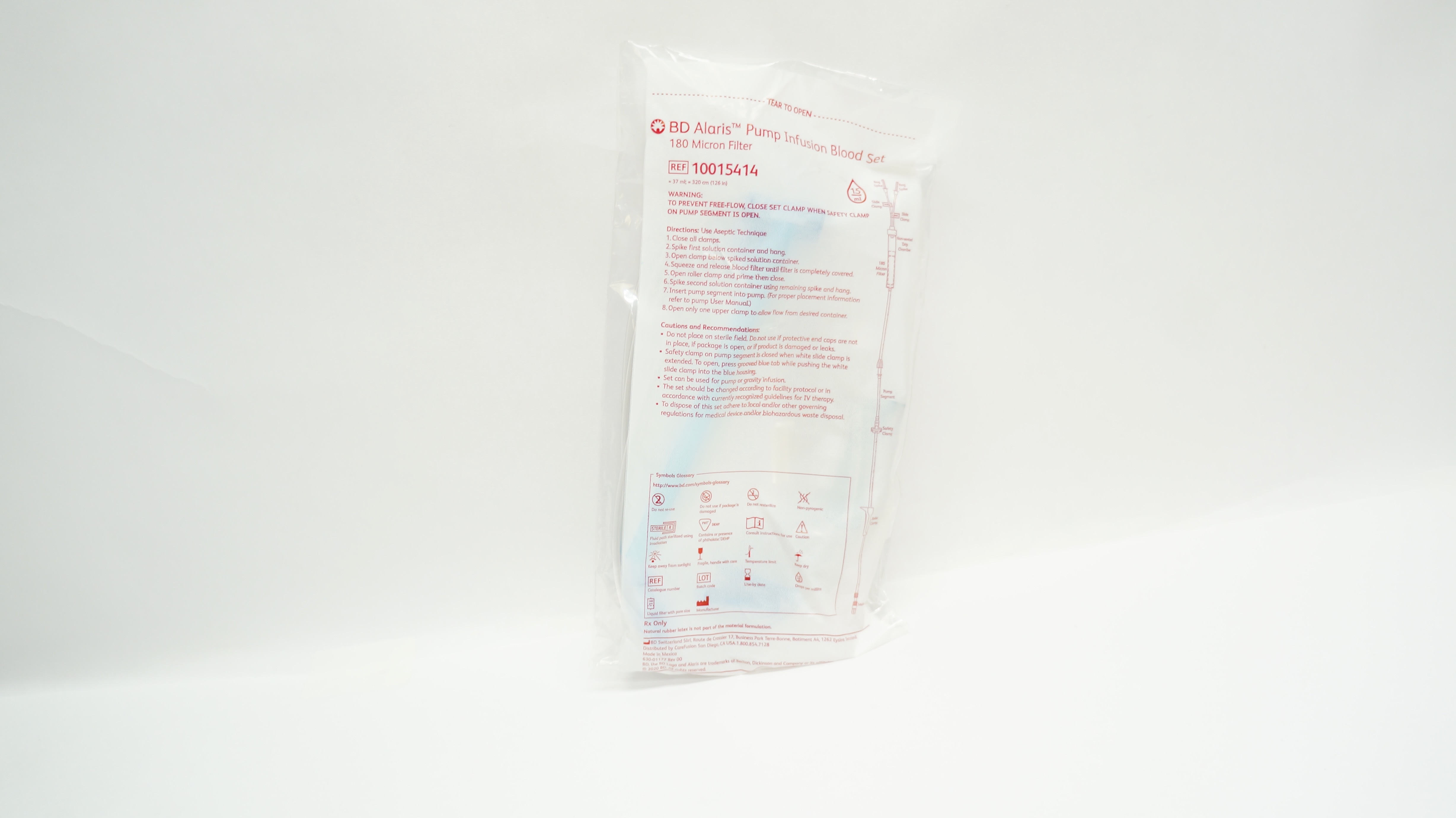 BD 10015414 Alaris Pump Infusion Blood Set 180 Micron Filter 37ml x 126inch 15mL