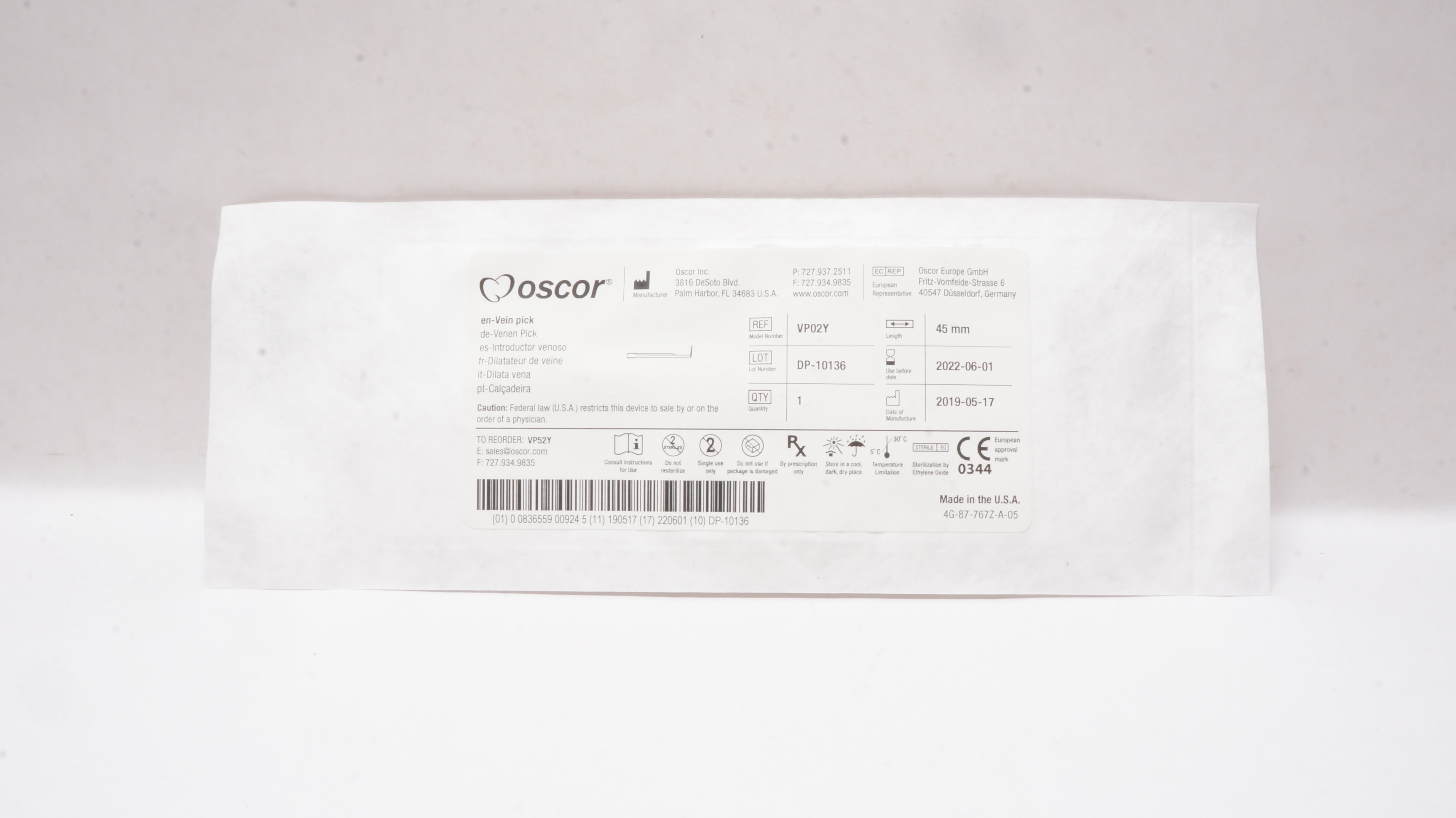 Oscor VP02Y Vein Pick 45mm (x)