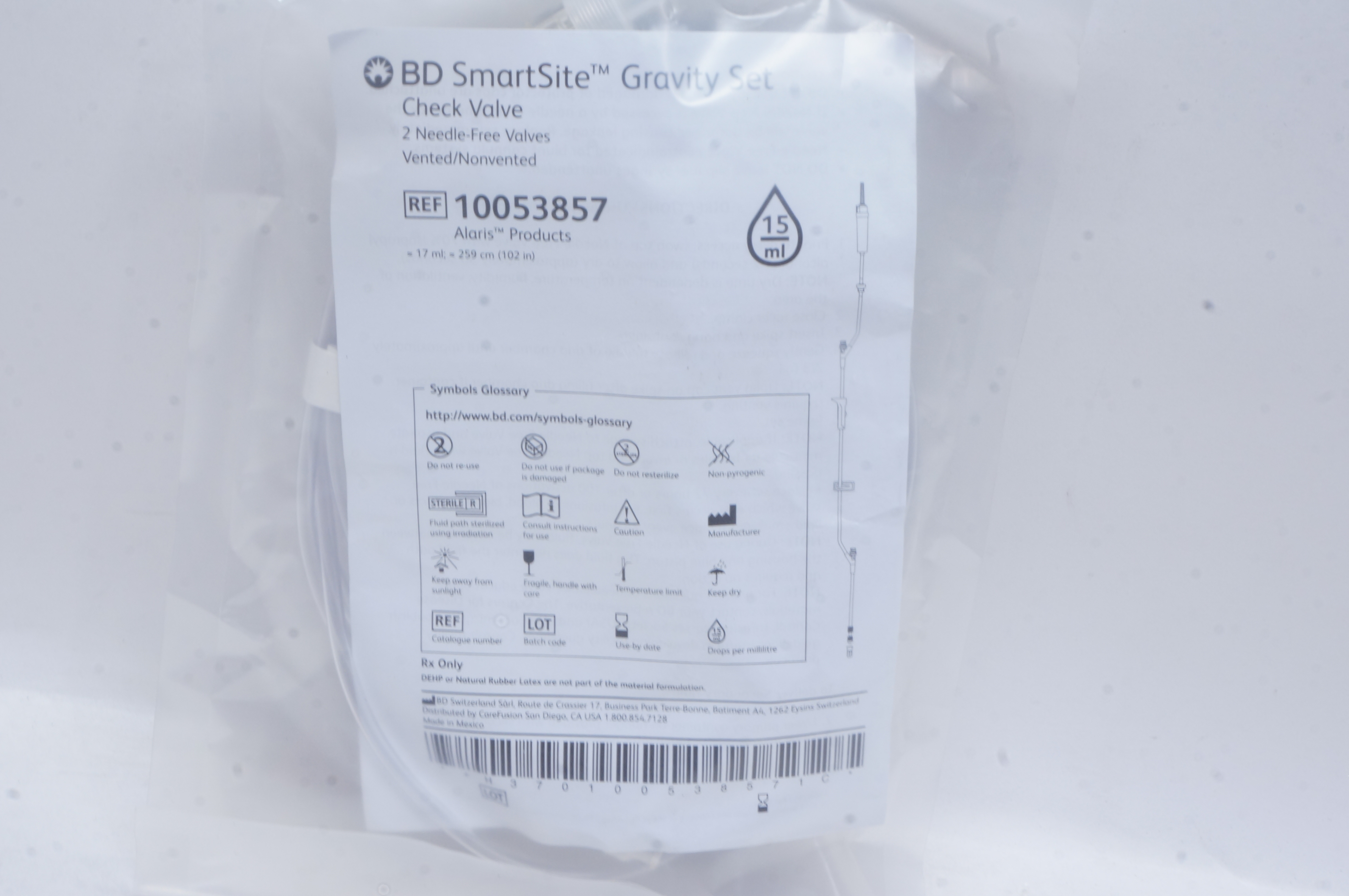 BD 10053857 SmartSite Gravity Set Check Valve 15mL, 102inch